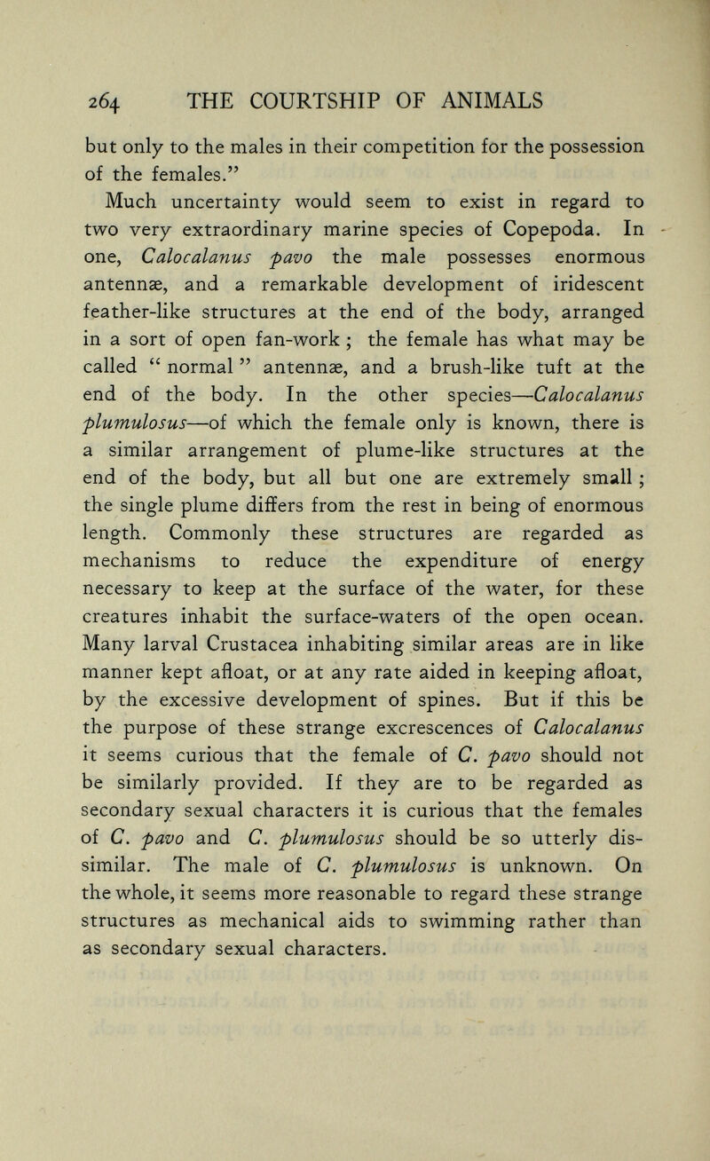 2б4 THE COURTSHIP OF ANIMALS but only to the males in their competition for the possession of the females. Much uncertainty would seem to exist in regard to two very extraordinary marine species of Copepoda. In one, Calocalanus pavo the male possesses enormous antennae, and a remarkable development of iridescent feather-like structures at the end of the body, arranged in a sort of open fan-work ; the female has what may be called  normal  antennas, and a brush-like tuft at the end of the body. In the other species—Calocalanus -plumulosus—of which the female only is known, there is a similar arrangement of plume-like structures at the end of the body, but all but one are extremely small ; the single plume differs from the rest in being of enormous length. Commonly these structures are regarded as mechanisms to reduce the expenditure of energy necessary to keep at the surface of the water, for these creatures inhabit the surface-waters of the open ocean. Many larval Crustacea inhabiting similar areas are in like manner kept afloat, or at any rate aided in keeping afloat, by the excessive development of spines. But if this be the purpose of these strange excrescences of Calocalanus it seems curious that the female of C. pavo should not be similarly provided. If they are to be regarded as secondary sexual characters it is curious that the females of C. pavo and C. plumulosus should be so utterly dis¬ similar. The male of C. plumulosus is unknown. On the whole, it seems more reasonable to regard these strange structures as mechanical aids to swimming rather than as secondary sexual characters.