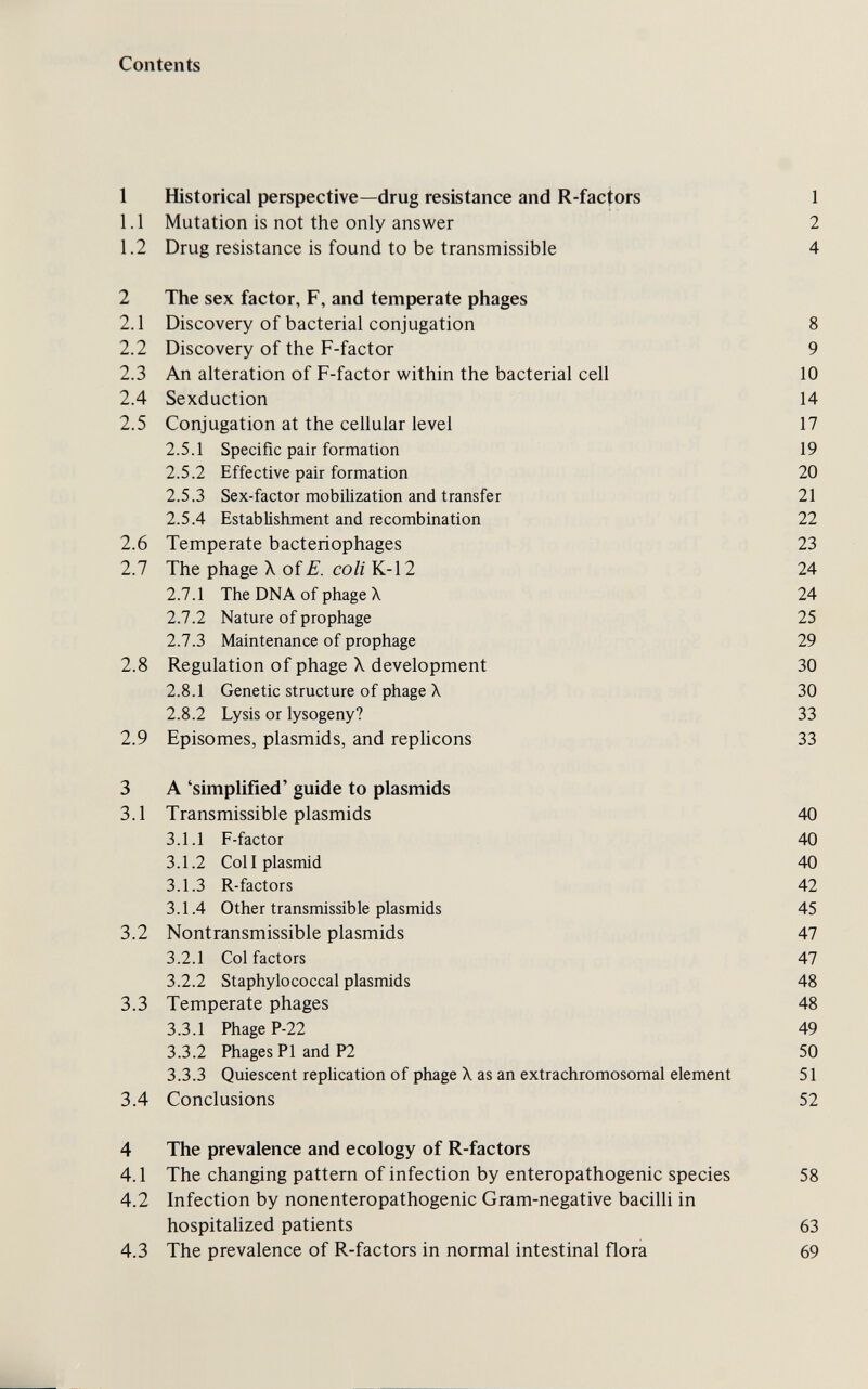 Contents 1 Historical perspective—drug resistance and R-factors 1 1.1 Mutation is not the only answer 2 1.2 Drug resistance is found to be transmissible 4 2 The sex factor, F, and temperate phages 2.1 Discovery of bacterial conjugation 8 2.2 Discovery of the F-factor 9 2.3 An alteration of F-factor within the bacterial cell 10 2.4 Sexduction 14 2.5 Conjugation at the cellular level 17 2.5.1 Specific pair formation 19 2.5.2 Effective pair formation 20 2.5.3 Sex-factor mobilization and transfer 21 2.5.4 Establishment and recombination 22 2.6 Temperate bacteriophages 23 2.7 The phage X of E. coli K-12 24 2.7.1 The DNA of phage X 24 2.7.2 Nature of prophage 25 2.7.3 Maintenance of prophage 29 2.8 Regulation of phage X development 30 2.8.1 Genetic structure of phage X 30 2.8.2 Lysis or lysogeny? 33 2.9 Episomes, plasmids, and rephcons 33 3 A 'simplified' guide to plasmids 3.1 Transmissible plasmids 40 3.1.1 F-factor 40 3.1.2 Collplasmid 40 3.1.3 R-factors 42 3.1.4 Other transmissible plasmids 45 3.2 Nontransmissible plasmids 47 3.2.1 Col factors 47 3.2.2 Staphylococcal plasmids 48 3.3 Temperate phages 48 3.3.1 Phage P-22 49 3.3.2 Phages PI and P2 50 3.3.3 Quiescent replication of phage X as an extrachromosomal element 51 3.4 Conclusions 52 4 The prevalence and ecology of R-factors 4.1 The changing pattern of infection by enteropathogenic species 58 4.2 Infection by nonenteropathogenic Gram-negative bacilli in hospitalized patients 63 4.3 The prevalence of R-factors in normal intestinal flora 69