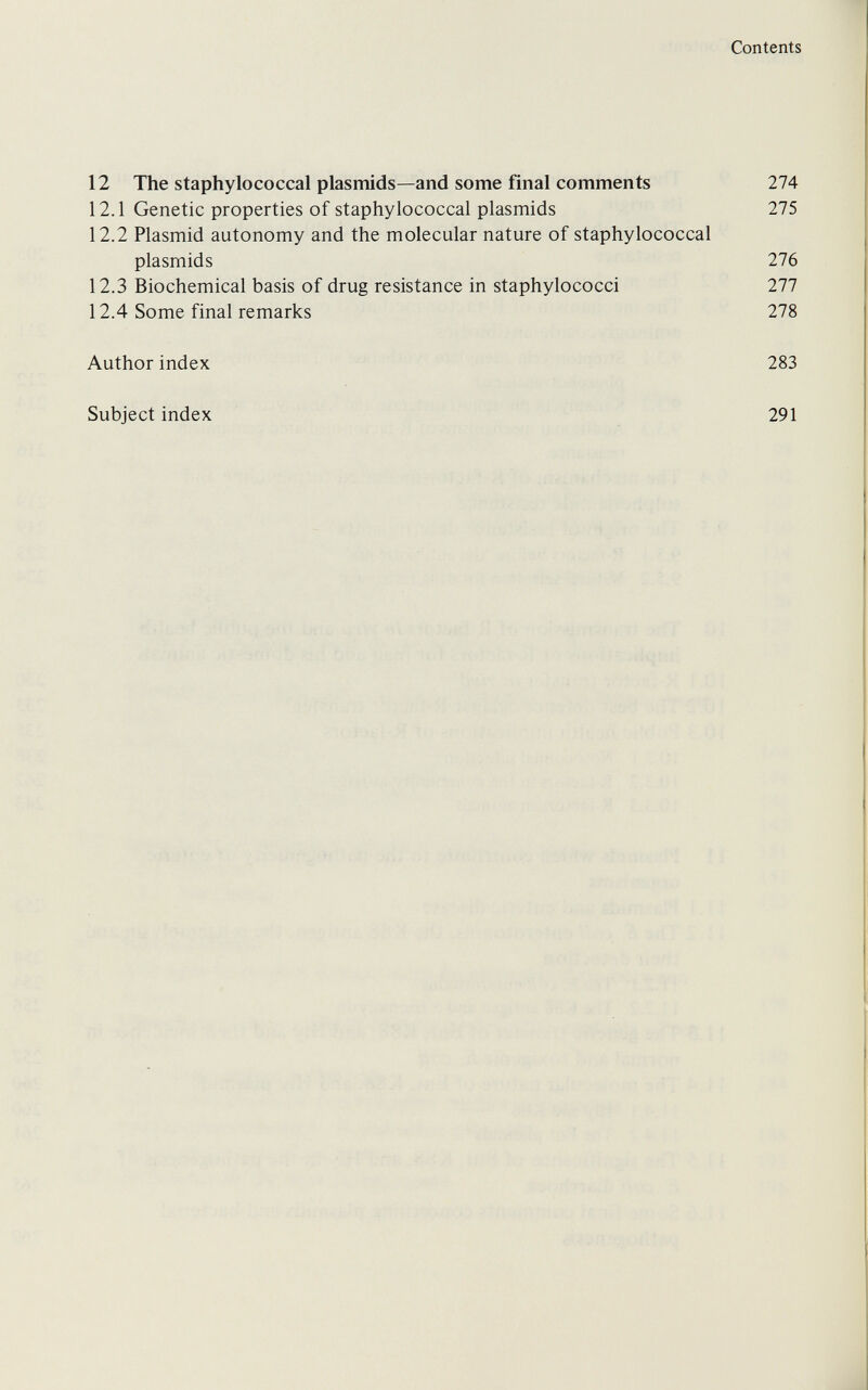 Contents 12 The staphylococcal plasmids—and some final comments 274 12.1 Genetic properties of staphylococcal plasmids 275 12.2 Plasmid autonomy and the molecular nature of staphylococcal plasmids 276 12.3 Biochemical basis of drug resistance in staphylococci 277 12.4 Some final remarks 278 Author index 283 Subject index 291