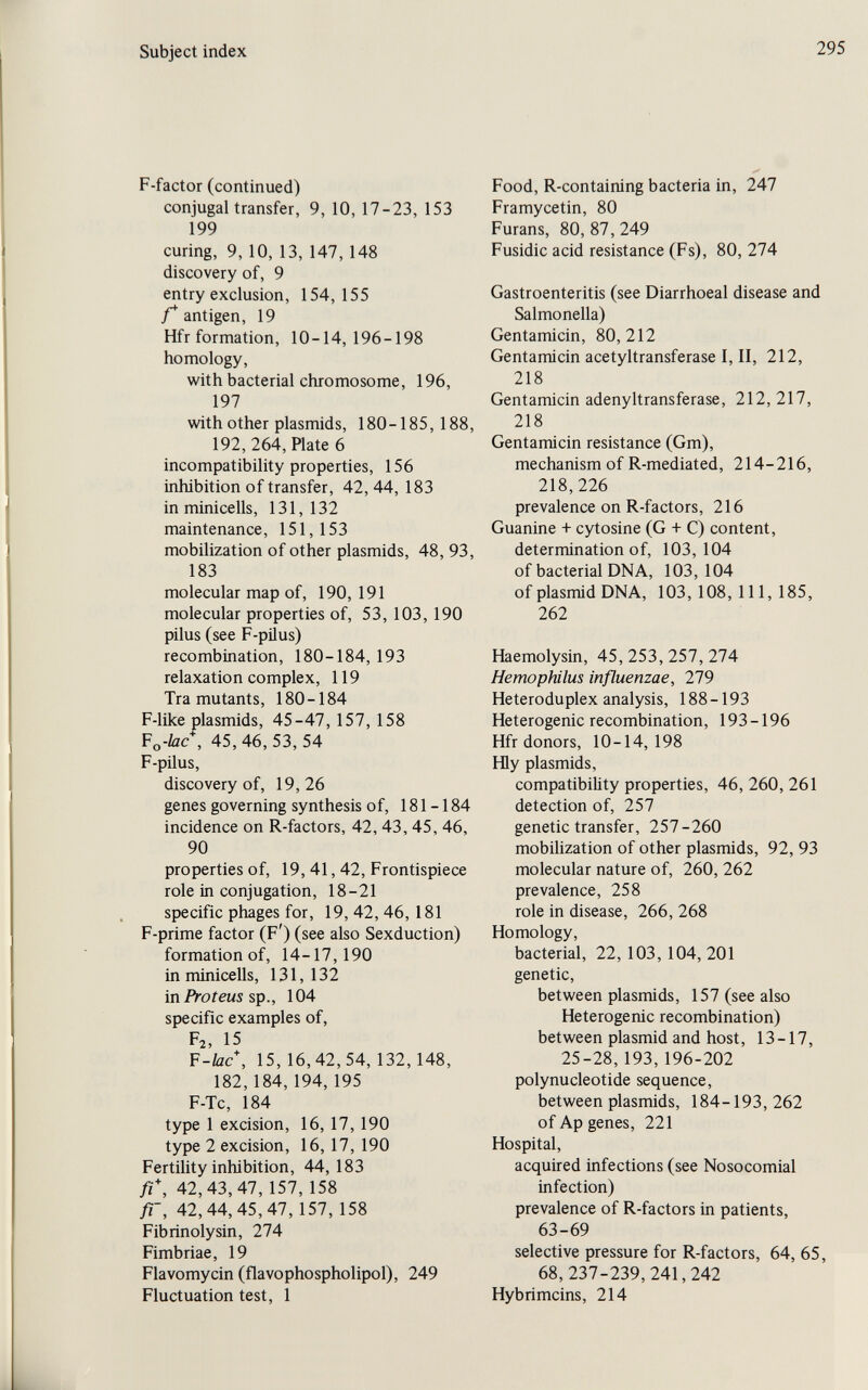 Subject index 295 F-factor (continued) conjugal transfer, 9, 10, 17-23, 153 199 curing, 9, 10, 13, 147, 148 discovery of, 9 entry exclusion, 154,155 f* antigen, 19 Hfr formation, 10-14,196-198 homology, with bacterial chromosome, 196, 197 with other Plasmids, 180-185,188, 192, 264, Plate 6 incompatibility properties, 156 inhibition of transfer, 42, 44, 183 in minicells, 131,132 maintenance, 151,153 mobilization of other plasmids, 48, 93, 183 molecular map of, 190,191 molecular properties of, 53, 103, 190 pilus (see F-pilus) recombination, 180-184, 193 relaxation complex, 119 Tra mutants, 180 -184 F-like plasmids, 45-47, 157, 158 Fç,-lac*, 45, 46, 53, 54 F-pilus, discovery of, 19,26 genes governing synthesis of, 181 -184 incidence on R-factors, 42, 43, 45, 46, 90 properties of, 19,41, 42, Frontispiece role in conjugation, 18-21 specific phages for, 19, 42, 46,181 F-prime factor (F') (see also Sexduction) formation of, 14-17,190 in minicells, 131,132 in Proteus sp., 104 specific examples of, F2, 15 F-lac\ 15, 16,42,54, 132,148, 182,184,194, 195 F-Tc, 184 type 1 excision, 16, 17,190 type 2 excision, 16, 17, 190 Fertility inhibition, 44,183 fi\ 42,43,47, 157, 158 42,44,45,47, 157, 158 Fibrinolysin, 274 Fimbriae, 19 Flavomycin (flavophospholipol), 249 Fluctuation test, 1 Food, R-containing bacteria in, 247 Framycetin, 80 Furans, 80,87,249 Fusidic acid resistance (Fs), 80, 274 Gastroenteritis (see Diarrhoeal disease and Salmonella) Gentamicin, 80,212 Gentamicin acetyltransferase I, II, 212, 218 Gentamicin adenyltransferase, 212, 217, 218 Gentamicin resistance (Gm), mechanism of R-mediated, 214-216, 218,226 prevalence on R-factors, 216 Guanine + cytosine (G + C) content, determination of, 103,104 of bacterial DNA, 103,104 of Plasmid DNA, 103,108,111,185, 262 Haemolysin, 45, 253, 257, 274 Hemophilus influenzae, 279 Heteroduplex analysis, 188-193 Heterogenic recombination, 193-196 Hfr donors, 10-14, 198 Иу plasmids, compatibility properties, 46, 260, 261 detection of, 257 genetic transfer, 257 -260 mobiUzation of other plasmids, 92, 93 molecular nature of, 260, 262 prevalence, 258 role in disease, 266, 268 Homology, bacterial, 22, 103, 104,201 genetic, between plasmids, 157 (see also Heterogenic recombination) between plasmid and host, 13-17, 25-28,193, 196-202 polynucleotide sequence, between plasmids, 184-193,262 of Ap genes, 221 Hospital, acquired infections (see Nosocomial infection) prevalence of R-factors in patients, 63-69 selective pressure for R-factors, 64, 65, 68,237-239,241,242 Hybrimcins, 214