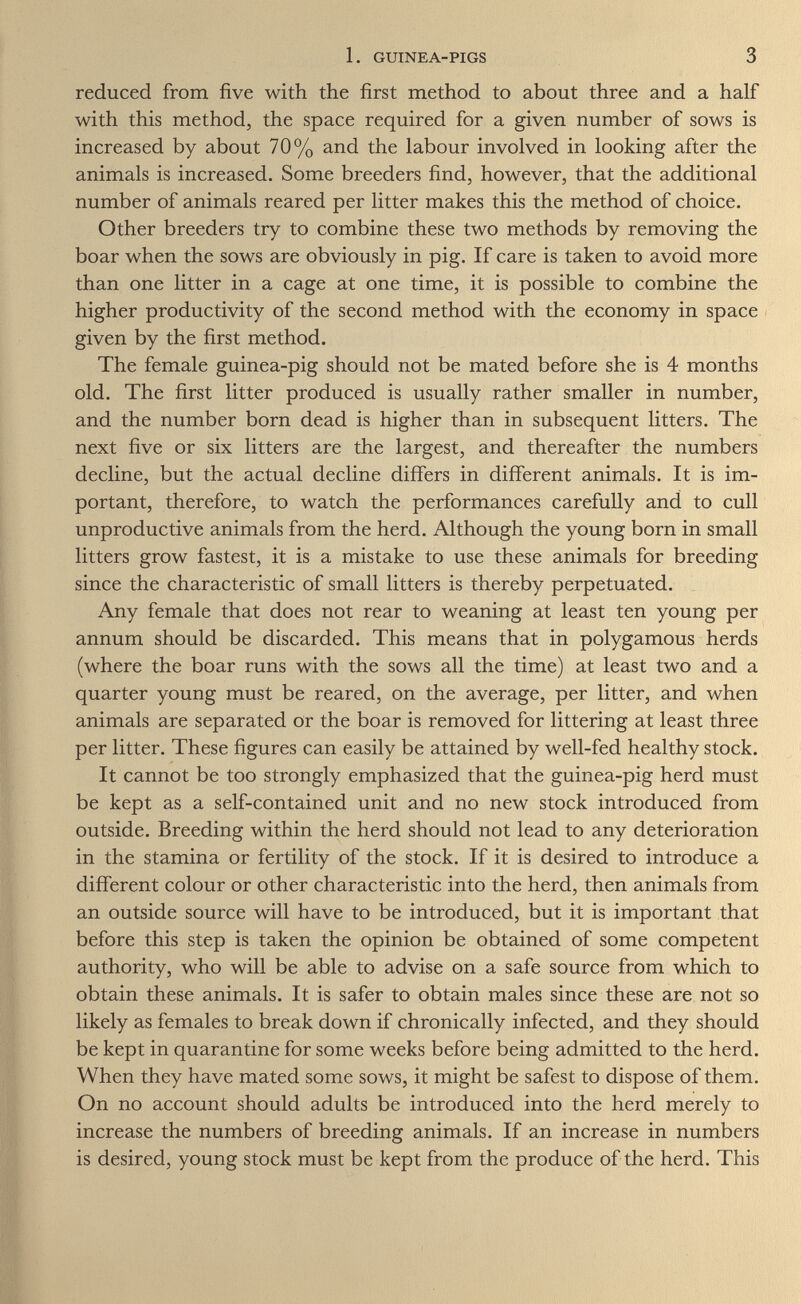 1. GUINEA-PIGS 3 reduced from five with the first method to about three and a half with this method, the space required for a given number of sows is increased by about 70% and the labour involved in looking after the animals is increased. Some breeders find, however, that the additional number of animals reared per litter makes this the method of choice. Other breeders try to combine these two methods by removing the boar when the sows are obviously in pig. If care is taken to avoid more than one litter in a cage at one time, it is possible to combine the higher productivity of the second method with the economy in space given by the first method. The female guinea-pig should not be mated before she is 4 months old. The first litter produced is usually rather smaller in number, and the number born dead is higher than in subsequent litters. The next five or six litters are the largest, and thereafter the numbers decline, but the actual decline differs in different animals. It is im¬ portant, therefore, to watch the performances carefully and to cull unproductive animals from the herd. Although the young born in small litters grow fastest, it is a mistake to use these animals for breeding since the characteristic of small litters is thereby perpetuated. Any female that does not rear to weaning at least ten young per annum should be discarded. This means that in polygamous herds (where the boar runs with the sows all the time) at least two and a quarter young must be reared, on the average, per litter, and when animals are separated or the boar is removed for littering at least three per litter. These figures can easily be attained by well-fed healthy stock. It cannot be too strongly emphasized that the guinea-pig herd must be kept as a self-contained unit and no new stock introduced from outside. Breeding within the herd should not lead to any deterioration in the stamina or fertility of the stock. If it is desired to introduce a different colour or other characteristic into the herd, then animals from an outside source will have to be introduced, but it is important that before this step is taken the opinion be obtained of some competent authority, who will be able to advise on a safe source from which to obtain these animals. It is safer to obtain males since these are not so likely as females to break down if chronically infected, and they should be kept in quarantine for some weeks before being admitted to the herd. When they have mated some sows, it might be safest to dispose of them. On no account should adults be introduced into the herd merely to increase the numbers of breeding animals. If an increase in numbers is desired, young stock must be kept from the produce of the herd. This