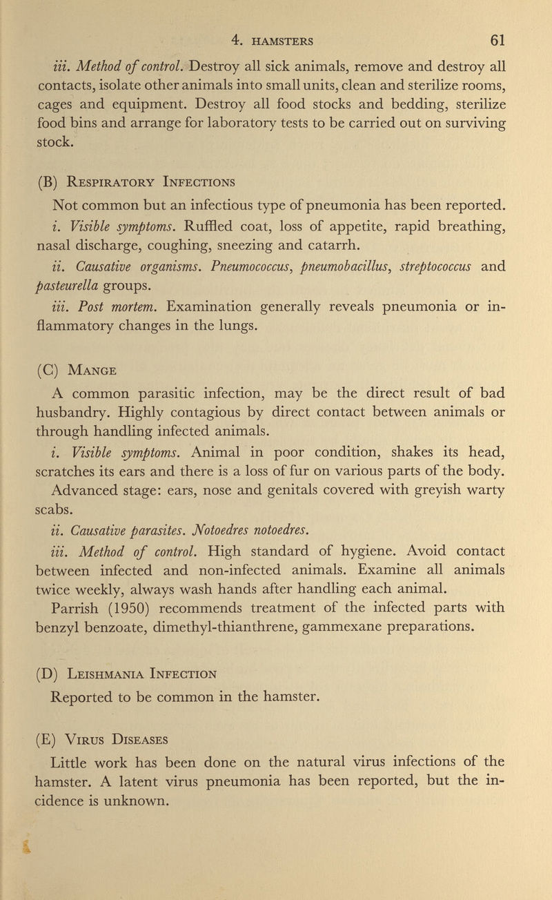 4. hamsters 61 iii. Method of control. Destroy all sick animals, remove and destroy all contacts, isolate other animals into small units, clean and sterilize rooms, cages and equipment. Destroy all food stocks and bedding, sterilize food bins and arrange for laboratory tests to be carried out on surviving stock. (B) Respiratory Infections Not common but an infectious type of pneumonia has been reported. i. Visible symptoms. Ruffled coat, loss of appetite, rapid breathing, nasal discharge, coughing, sneezing and catarrh. a. Causative organisms. Pneumococcus, pneumobacillus, streptococcus and pasteur ella groups. iii. Post mortem. Examination generally reveals pneumonia or in¬ flammatory changes in the lungs. (C) Mange A common parasitic infection, may be the direct result of bad husbandry. Highly contagious by direct contact between animals or through handling infected animals. i. Visible symptoms. Animal in poor condition, shakes its head, scratches its ears and there is a loss of fur on various parts of the body. Advanced stage: ears, nose and genitals covered with greyish warty scabs. ii. Causative parasites. Notoedres notoedres. iii. Method of control. High standard of hygiene. Avoid contact between infected and non-infected animals. Examine all animals twice weekly, always wash hands after handling each animal. Parrish (1950) recommends treatment of the infected parts with benzyl benzoate, dimethyl-thianthrene, gammexane preparations. (D) Leishmania Infection Reported to be common in the hamster. (E) Virus Diseases Little work has been done on the natural virus infections of the hamster. A latent virus pneumonia has been reported, but the in¬ cidence is unknown.