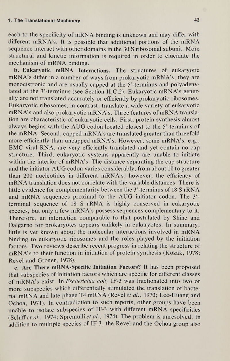 1. The Translational Machinery 43 each to the specificity of mRNA binding is unknown and may differ with different mRNA's. It is possible that additional portions of the mRNA sequence interact with other domains in the 30 S ribosomal subunit. More structural and kinetic information is required in order to elucidate the mechanism of mRNA binding. b. Eukaryotic mRNA Interactions. The structures of eukaryotic mRNA's differ in a number of ways from prokaryotic mRNA's; they are monocistronic and are usually capped at the 5'-terminus and polyadeny- lated at the 3'-terminus (see Section II,C,2). Eukaryotic mRNA's gener¬ ally are not translated accurately or efficiently by prokaryotic ribosomes. Eukaryotic ribosomes, in contrast, translate a wide variety of eukaryotic mRNA's and also prokaryotic mRNA's. Three features of mRNA transla¬ tion are characteristic of eukaryotic cells. First, protein synthesis almost always begins with the AUG codon located closest to the 5'-terminus of the mRNA. Second, capped mRNA's are translated greater than threefold more efficiently than uncapped mRNA's. However, some mRNA's, e.g., EMC viral RNA, are very efficiently translated and yet contain no cap structure. Third, eukaryotic systems apparently are unable to initiate within the interior of mRNA's. The distance separating the cap structure and the initiator AUG codon varies considerably, from about 10 to greater than 200 nucleotides in different mRNA's; however, the efficiency of mRNA translation does not correlate with the variable distances. There is little evidence for complementarity between the 3'-terminus of 18 S rRNA and mRNA sequences proximal to the AUG initiator codon. The 3'- terminal sequence of 18 S rRNA is highly conserved in eukaryotic species, but only a few mRNA's possess sequences complementary to it. Therefore, an interaction comparable to that postulated by Shine and Dalgarno for prokaryotes appears unlikely in eukaryotes. In summary, little is yet known about the molecular interactions involved in mRNA binding to eukaryotic ribosomes and the roles played by the initiation factors. Two reviews describe recent progress in relating the structure of mRNA's to their function in initiation of protein synthesis (Kozak, 1978; Revel and Groner, 1978). c. Are There mRNA-Specific Initiation Factors? It has been proposed that subspecies of initiation factors which are specific for different classes of mRNA's exist. In Escherichia coli, IF-3 was fractionated into two or more subspecies which differentially stimulated the translation of bacte¬ rial mRNA and late phage T4 mRNA (Revel et ai, 1970; Lee-Huang and Ochoa, 1971). In contradiction to such reports, other groups have been unable to isolate subspecies of IF-3 with different mRNA specificities (Schiff é-í ai, 1974; Spremullieí al., 1974). The problem is unresolved. In addition to multiple species of IF-3, the Revel and the Ochoa group also