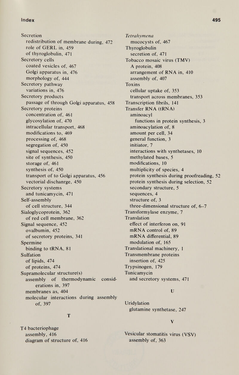 Index 495 Secretion redistribution of membrane during, 472 role of GERL in, 459 of thyroglobulin, 471 Secretory cells coated vesicles of, 467 Golgi apparatus in, 476 morphology of, 444 Secretory pathway variations in, 476 Secretory products passage of through Golgi apparatus, 458 Secretory proteins concentration of, 461 glycosylation of, 470 intracellular transport, 468 modifications to, 469 processing of, 468 segregation of, 450 signal sequences, 452 site of synthesis, 450 storage of, 461 synthesis of, 450 transport of to Golgi apparatus, 456 vectorial dischanrge, 450 Secretory systems and tunicamycin, 471 Self-assembly of cell structure, 344 Sialoglycoprotein, 362 of red cell membrane, 362 Signal sequence, 452 ovalbumin, 452 of secretory proteins, 341 Spermine binding to tRNA, 81 Sulfation of lipids, 474 of proteins, 474 Supramolecular structure(s) assembly of thermodynamic consid¬ erations in, 397 membranes as, 404 molecular interactions during assembly of, 397 T Tetrahymena mucocysts of, 467 Thyroglobulin secretion of, 471 Tobacco mosaic virus (TMV) A protein, 408 arrangement of RNA in, 410 assembly of, 407 Toxins cellular uptake of, 353 transport across membranes, 353 Transcription fibrils, 141 Transfer RNA (tRNA) aminoacyl functions in protein synthesis, 3 aminoacylation of, 8 amount per cell, 34 general function, 3 initiator, 7 interactions with synthetases, 10 methylated bases, 5 modifications, 10 multiplicity of species, 4 protein synthesis during proofreading, 52 protein synthesis during selection, 52 secondary structure, 5 sequences, 4 structure of, 3 three-dimensional structure of, 6-7 Transformylase enzyme, 7 Translation effect of interferon on, 91 mRNA control of, 89 mRNA differential, 89 modulation of, 165 Translational machinery, 1 Transmembrane proteins insertion of, 425 Trypsinogen, 179 Tunicamycin and secretory systems, 471 и Uridylation glutamine synthetase, 247 V T4 bacteriophage assembly, 416 Vesicular stomatitis virus (VSV) diagram of structure of, 416 assembly of, 363