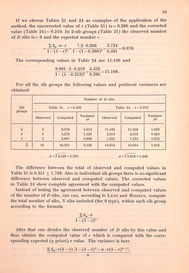 53 If we choose Tables 21 and 24 as examples of the application of the method, the uncorrected value of r (Table 21) is= 0.266 and the corrected value (Table 24)= 0.219. In 2-sib groups (Table 21) the observed number of D sibs is= 9 and the expected number = 7.2-0.266 3.724 l-(l-r)2 1-(1 -0.266)2 0.461 The corresponding values in Table 24 are 11.106 and 9.891 • 2-0.219 4.332 1-(1-0.219)2~0.390~ ■ For all the sib groups the following values and pertinent variances are obtained: <7=1/3.129 = 1.768 (T = l/l.816 = 1.348 The difference between the total of observed and computed values in Table 21 is 0.351 + 1.768. Also in individual sib groups there is no significant difference between observed and computed values. The corrected values in Table 24 show complete agreement with the computed values. Instead of testing the agreement between observed and computed values of the number of D sibs, one can, according to Lenz and Hogben, compute the total number of sibs, N sibs included (the 0 type), within each sib group according to the formula SÍCq-л l-(l-r)' After that one divides the observed number of D sibs by this value and thus obtains the computed value of r which is compared with the corre¬ sponding expected (a priori) r value. The variance is here S¿0-i-(l — r) [1 — (1 —r) —л-г(1 — r)^] л