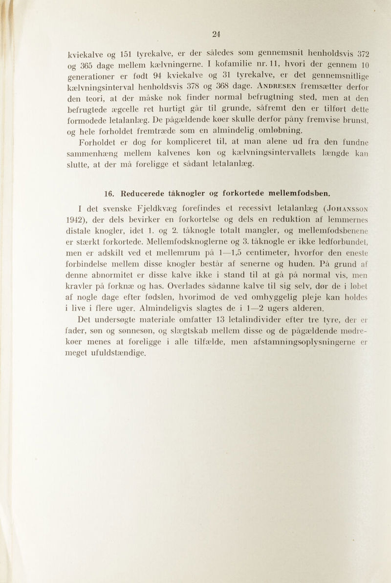 24 kviekalve og 151 Lyrekalve, er der sâledes som gennemsnit heiiholdsvis 372 og 365 dage mellem kselvningerne. I kofamilie nr. 11, hvori der gennem 10 generationer er fodt 94 kviekalve og 31 Lyrekalve, er det gennemsnitlige kselvningsinterval henholdsvis 378 og 368 dage. Andresen iremsaetter derfor den teori, at der mâske nok finder normal befrugtning sied, men at den befruglede a^gcelle ret huriigt gar til gründe, safremt den er tilfort dette formodede lelalanla^g. De pâga^ldende koer skulle derfor pâny fremvise brunst, og hele forholdet fremtraede som en almindelig omlobning. Forholdet er dog for kompliceret til, at man alene ud fra den fundne sanunenha?ng mellem kalvenes kon og ka'lvningsinlervallcts hiengde кап slutte, at der má foreligge et sadant letalanlaeg. 16. Reducerede tâknogler og forkortede mellemfodsben. I det svenske Fjeldkvaig l'orefindes et recessivi lelalanlaîg (Johansson 1942), der dels bevirker en forkorlelse og dels en reduktion af lemmernes distale knogler, idet 1. og 2. lâknogle totali mangier, og mellemfodsbcnene er stserkt forkortede. Mellemfodsknoglerne og 3. täknogle er ikke ledforbundet, men er adskilt ved et mellemrum pà 1—1,5 centimeter, hvorl'or den eneste forbindelse mellem disse knogler bestar af senerne og huden. Pâ grund af denne abnormitet er disse kalve ikke i stand til at gâ pâ normal vis, men kravler pâ forkna? og bas. Overlades sâdanne kalve til sig selv, dor de i lobet af nogle dage efter fodslen, bvorimod de ved omhyggelig pleje kan holdes i live i fiere uger. Almindeligvis slagtes de i 1—2 ugers alderen. Det undersogte materiale omfatter 13 letalindivider efter tre tyre, der er fader, son og sonneson, og shrgtskab mellem disse og de pâgœldende modre- koer menes at foreligge i alle tilfa^lde, men afstamningsoplysningerne er meget ufuldstœndige.