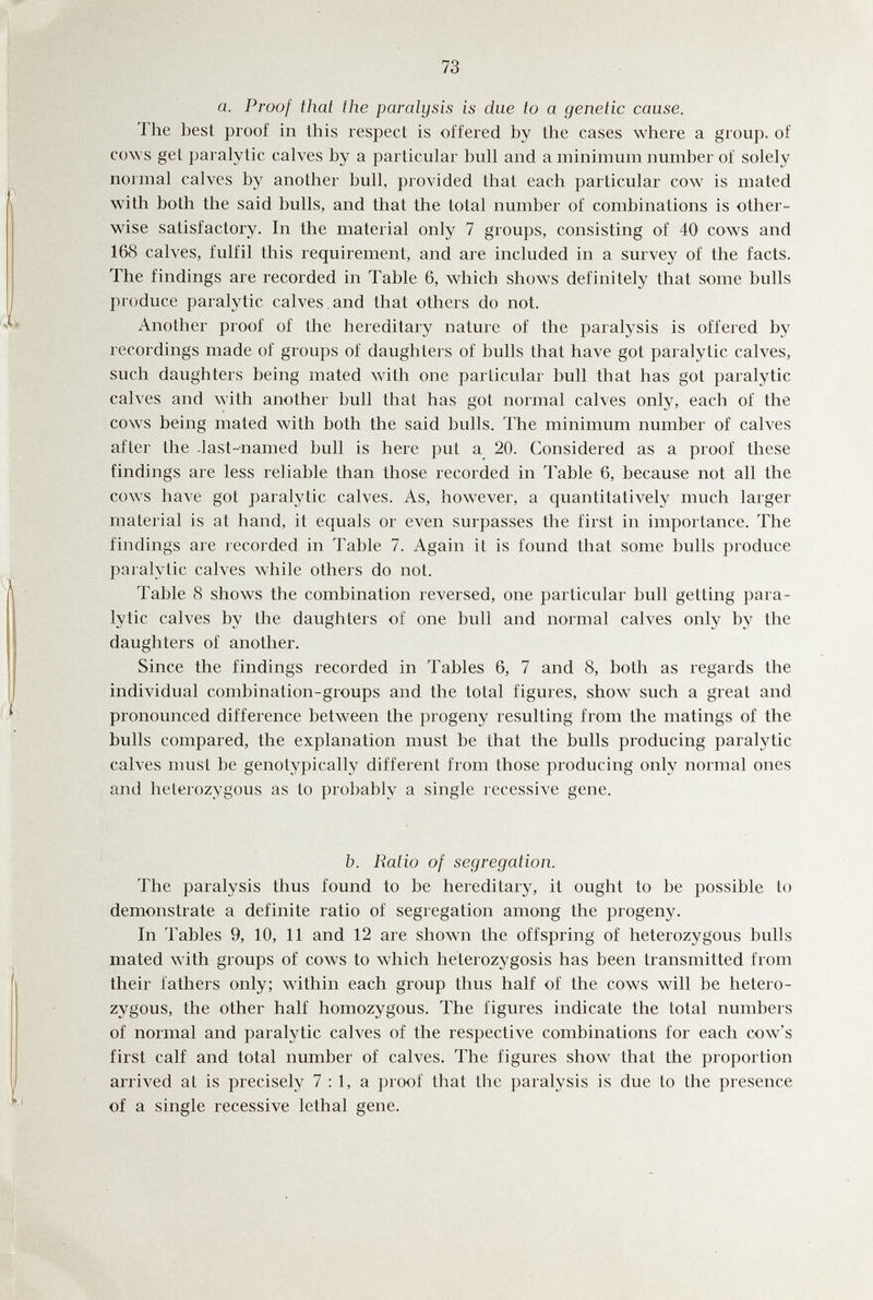 a. Proof that the paralysis is due to a genetic cause. 1 he best proof in this respect is offered by the cases where a group, of cows get paralytic calves by a particular bull and a minimum number of solely normal calves by another bull, provided that each particular cow is mated with both the said bulls, and that the total number of combinations is other¬ wise satisfactory. In the material only 7 groups, consisting of 40 cows and 168 calves, fulfil this requirement, and are included in a survey of the facts. The findings are recorded in Table 6, which shows definitely that some bulls produce paralytic calves, and that others do not. Another proof of the hereditary nature of the paralysis is offered by recordings made of groups of daughters of bulls that have got paralytic calves, such daughters being mated with one particular bull that has got paralytic calves and with another bull that has got normal calves only, each of the cows being mated with both the said bulls. The minimum number of calves after the .last-named bull is here put a_ 20. Considered as a proof these findings are less reliable than those recorded in Table 6, because not all the cows have got paralytic calves. As, however, a quantitatively much larger material is at hand, it equals or even surpasses the first in importance. The findings are recorded in Table 7. Again it is found that some bulls produce paralytic calves while others do not. Table 8 shows the combination reversed, one particular bull getting para¬ lytic calves by the daughters of one bull and normal calves only by the daughters of another. Since the findings recorded in Tables 6, 7 and 8, both as regards the individual combination-groups and the total figures, show such a great and pronounced difference between the progeny resulting from the matings of the bulls compared, the explanation must be that the bulls producing paralytic calves must be genotypically different from those producing only normal ones and heterozygous as to probably a single recessive gene. b. Ratio of segregation. The paralysis thus found to be hereditary, it ought to be possible to demonstrate a definite ratio of segregation among the progeny. In Tables 9, 10, 11 and 12 are shown the offspring of heterozygous bulls mated with groups of cows to which heterozygosis has been transmitted from their fathers only; within each group thus half of the cows will be hetero¬ zygous, the other half homozygous. The figures indicate the total numbers of normal and paralytic calves of the respective combinations for each cow's first calf and total number of calves. The figures show that the proportion arrived at is precisely 7 : 1, a proof that the paralysis is due to the presence of a single recessive lethal gene.