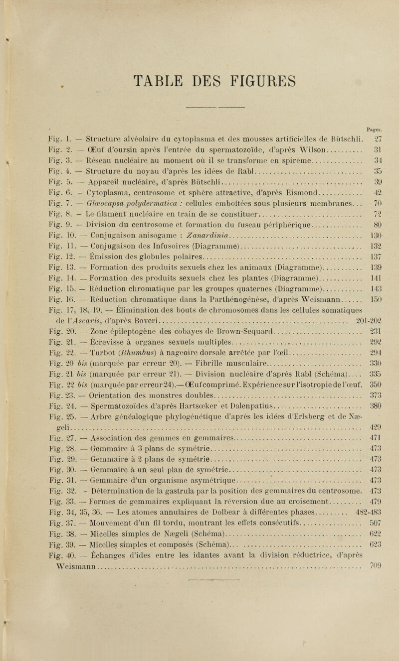 TABLE DES FIGURES Pages. Fig. 1. — Structure alvéolaire du cytoplasma et des mousses artificielles de Hütschli. 27 Fig. 2. — Œuf d'oursin après l'entrée du spermatozoïde, d'après Wilson 31 Fig. 3. — Réseau nucléaire au moment où il se transforme en spirème  34 Fig. 4. — Structure du noyau d'après les idées de Rabl 35 Fig. 5. — Appareil nucléaire, d'après Bütschli   39 Fig. 6. - Cytoplasma, centrosome et sphère attractive, d'après Eismond 42 Fig. 7. — Glœocapsa polydermatica : cellules emboîtées sous plusieurs membranes... 70 Fig. 8. - Le filament nucléaire en train de se constituer 72 Fig. 9. — Division du centrosome et formation du fuseau périphérique 80 Fig. 10. — Conjugaison anisogame : Zanardinia 130 Fig. 11. — Conjugaison des Infusoires (Diagramme) 132 Fig. 12. — Émission des globules polaires 137 Fig. 13. — Formation des produits sexuels chez les animaux (Diagramme) 139 Fig. 14. — Formation des produits sexuels chez les plantes (Diagramme) 141 Fig. 15. — Réduction chromatique par les groupes quaternes (Diagramme) 143 Fig. 16. — Réduction chromatique dans la Parthénogénèse, d'après Weisniann 150 Fig. 17, 18, 19. — Élimination des bouts de chromosomes dans les cellules somatiques de l'Ascaris, d'après Roveri 201-202 Fig. 20. — Zone épileptogène des cobayes de Brown-Sequard  231 Fig. 21. — Écrevisse à organes sexuels multiples  292 Fig. 22. — Turbot (Rhumbus) à nageoire dorsale arrêtée par l'œil 294 Fig. 20 bis (marquée par erreur 20). — Fibrille musculaire  330 Fig. 21 bis (marquée par erreur 21). — Division nucléaire d'après Rabl (Schéma).... 335 Fig. 22 bis (marquée par erreur 24).— Œufcomprimé.Expériencesurl'isotropiedel'œuf. 350 Fig. 23. — Orientation des monstres doubles 373 Fig. 24. — Spermatozoïdes d'après Hartsœker et Dalenpatius  380 Fig. 25. — Arbre généalogique phylogénétique d'après les idées d'Erlsberg et de Nse- geli 429 Fig. 27. — Association des gemmes en gemmaires 471 Fig. 28. — Gemmaire à 3 plans de symétrie 473 Fig. 29. — Gemmaire à 2 plans de symétrie  473 Fig. 30. — Gemmaire à un seul plan de symétrie 473 Fig. 31. — Gemmaire d'un organisme asymétrique.  473 Fig. 32. - Détermination de la gastrula par la position des gemmaires du centrosome. 473 Fig. 33. — Formes de gemmaires expliquant la réversion due au croisement 479 Fig. 34, 35, 30. — Les atomes annulaires de Dolbear à différentes phases 482-483 Fig. 37. — Mouvement d'un fil tordu, montrant les effets consécutifs 507 Fig. 38. — Micelles simples de N;egeli (Schéma) 622 Fig. 39. — Micelles simples et composés (Schéma) 623 Fig. 40. — Échanges d'ides entre les idantes avant la division réductrice, d'après Weismann  709 r