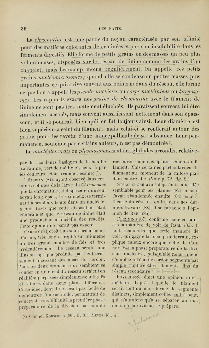 36 les ¡aits. La chromatine est une partie du noyau caractérisée par son affinité pour des matières colorantes déterminées et par son insolubilité dans les ferments digestifs. Elle forme de petits grains ou des masses un peu plus volumineuses, disposées sur le réseau de linine comme les grains d'un chapelet, mais beaucoup moins régulièrement. On appelle ces petits grains nucléomicrosomes; quand elle se condense en petites masses plus importantes, ce qui arrive souvent aux.points nod aux du réseau, elle forme ce que l'on a appelé \espseudo-nucléoles ou corps nuclémiens ou Iwryoso- mes. Les rapports exacts des grains de chromatine avec le filament de linine ne sont pas très nettement élucidés. Ils paraissent souvent lui être simplement accolés, mais souvent aussi ils sont nettement dans son épais¬ seur, etil se pourrait bien qu'il en fût toujours ainsi. Leur diamètre est bien supérieur à celui du filament, mais celui-ci se renflerait autour des grains pour les revêtir d'une mince pellicule de sa substance. Leur per¬ manence, soutenue par certains auteurs, n'est pas démontrée ^. he^micléoles vrais ou jjlasmosomes sont des globules arrondis, relative- par les couleurs basiques de la houille (safranine, vert de méthyle), ceux-là par les couleurs acides (rubine, éosine) (*j. ^ Baijìlvn'i (81), ayant observé dans cer¬ taines cellules delà larve du C/iirotiomns (|ue la chromatine est disposée en un seul boyau lonii, épais, très sinueux, se termi¬ nant à ses deux bouts dans un nucléole, a émis l'avis que cette disposition était générale et que le réseau de linine était une production artih'cielle des réactifs. Cette opinion ne parait pas exacte. I Carnoy (84) croit à un seul cordon moni- 1 liforme, très long et replié sur lui-même i un très grand nombre de fois et très irrégulièrement. Le réseau serait une illusion optique produite par l'entecroi- sement incessant des anses du cordon. Mais les deux branches qui semblent se souder en un nœud du réseau seraient en réalité superposées,simplement contiguës et situées dans deux plans différents. 'Cette idée, dont il ne serait pas facile de démontrer l'inexactitude, permettrait de conce voir sans difficulté la première phase préparatoire de la division par simple raccourcissement etépaississement du fi¬ lament. Mais certaines particularités du filament au moment de la mitose plai¬ dent contre elle. (Voir p. 72, fig. 8.) Strasburger avait déjà émis une idée semblable pour les plantes (82), mais il l'avait abandonnée ensuite (84) pour la théorie du réseau; enfin, dans ses der¬ niers travaux (88), il se rattache à l'opi¬ nion de Rabl (85). Flemming (87) confirme pour certains cas la manière de yoir_de Rabl (85). Il faut reconnaître que cette manière de voir, qui gagne beaucoup de terrain, ex¬ plique mieux encore que celle de Car¬ noy (84) la phase préparatoire de la div^i- sion nucléaire, pui_squ'elle nous amène d'emblée à l'état de cordon segmenté par simple rupture4des filaments fins du réseau secondaire. .. . ! . BovERi (88..) émet une opinion inter¬ médiaire d'après laquelle le filament serait continu mais formé de segments distincts, simplement collés boui, à bout, qui n'auraient qu'à se séparer au mo¬ ment où la division se prépare. (•) Voir ici korschelt (8G : II, 31), Meves (id., 4). _