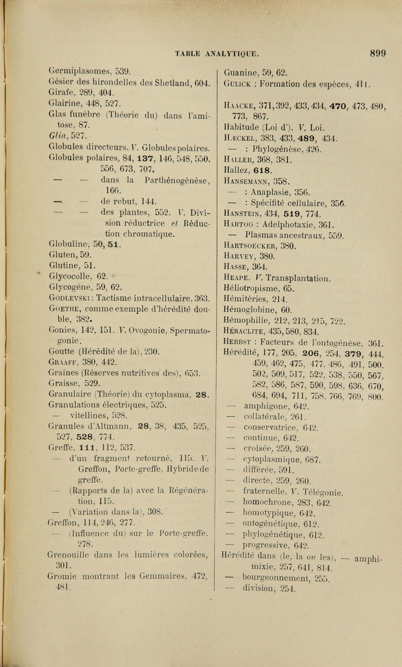 TABLE ANALYTIQUE. 899 Germiplasomes, 539. Gésier des hirondelles des Shetland, 604. Girafe, 289, 404. Glairine, 448, 527. Glas funèbre (Théorie du) dans l'ami- tose, 87. G/ш, 527. Globules directeurs, y. Globules polaires. Globules polaires, 84, 137, 146, 548, 550. 556, 673, 707. — — dans la Parthénogénèse, , 166. —. —^ de rebut, 144. — — des plantes, 552. V. Divi¬ sion réductrice et Réduc¬ tion chromatique. Globuline, 50, 51. Gluten, 59. Glutine, 51. Glycocolle, 62. Glycogène, 59, 62. Godlevski : Tactisme intracellulaire, 363. Goethe, comme exemple d'hérédité dou¬ ble, 382. Gonies, 142, 151. 7. Ovogonie, Spermato- gonie. Goutte (Hérédité de la), 230. Graaff, 380, 442. Graines (Réserves nutritives des), 653. Graisse, 529. Granulaire (Théorie) du cytoplasma, 28. Granulations électriques, 525. — vitellines, 528. Granules d'Altmann, 28, 38, 435, 525, 527, 528, 774. Greffe, 111, 112, 537. — d'un fragment retourné, 115. V. Greffon, Porte-greffe, Hybride de greffe. • — (Rapports de la) avec la Régénéra¬ tion, 115. —■ (Variation dans la), 308. Greffon, 114,246, 277. — (Influence dvi) sur le Porte-greffe, 278. Grenouille dans les lumières colorées, .301. Gromie montrant les Gemmaires, 472, 481. Guanine, 59, 62. Gulick : Formation des espèces, 411. НллскЕ, 371,392, 433,434, 470, 473,480, 773, 867. Habitude (Loi d'). V. Loi. H.eckel, 383, 433, 489, 434. — : Phylogénèse, 426. H aller, 368, 381. Hallez, 618. Hanseman'n, 358. — ; Anaplasie, 356. — : Spécifité cellulaire, 356. Hanstein, 434, 5 1 9, 774. Hartog : Adelphotaxie, 361. — Plasmas ancestraux, 559. Hartsoecker, 380. Harvey, 380. Hasse, 364. Heape. V. Transplantation. Héliotropisme, 65. Hémitéries, 214. Hémoglobine, 60. Hémophilie, 212, 213, 2)5, 722. Heraclite, 435,580, 834. Herbst : Facteurs de l'ontogénèse, 361. Hérédité, 177, 205, 206 , 254, 379, 444, 459, 462, 475, 477. 486, 491, 500, 502, 509, 517, 522, 5.38, 550, 567^ 582, 586, 587, 590, 598, 636, 670, 684, 694, 711, 758, 766, 769, 800. — amphigone, 642. — collatérale, 261. — conservatrice, 642. — continue, 642. — croisée, 259, 260. — cytoplasmique, 687. — différée, 591. — directe, 259, 260. — fraternelle. V. Télégonie. — homochrone, 283, 642. — homotypique, 642. — ontogénétique, 612. — phylogénétique, 612. — progressive, 642. Hérédité dans (le, la ou les), — amphi- mixie, 257, 641, 814. — bourgeonnement, 255. — division, 254.