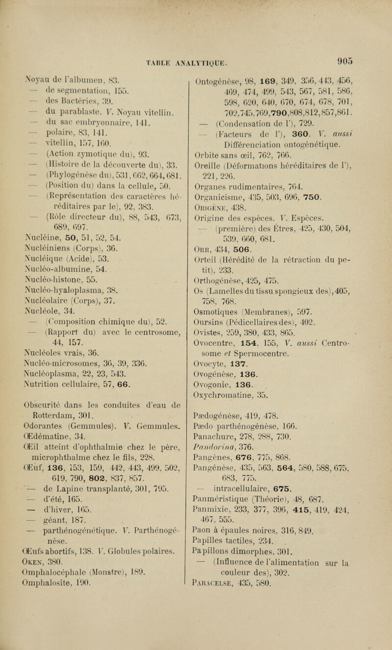 TAItLE ANALVTigUK. 905 Noyau de Talbumen, 83. — de segmentation, 155. — des Bactéries, 39. — du parablaste. V. Noyau vitellin. — du sac embryonnaire, 141. — polaire, 83, 141. — vitellin, 157, 100. — (Action zymotique du), 93. — (Histoire de la découverte du), 33. — (Pliylogénèse du), 531, HGS, G64,081. — (Position du) dans la cellule, 50. — (Représentation des caractères hé¬ réditaires par le), 92, 383. — (Rôle directeur du), 88, 543, 073, 080, 097. Nucléine, 50, 51, 52, 54. Nucléiniens (Corps), 30. Nucléique (Acide), 53. Nucléo-albumine, 54. Nucléo-liistone, 55. Nucléo-hyaloplasma, 38. Nucléolaire (Corps), 37. Nucléole, 34. — (Composition chimique du), 52. — (Rapport du) avec le centrosome, 44, 157. Nucléoles vrais, 36. Nucléo-microsomes, 30, 39, 330. Nucléoplasma, 22, 23, 543. Nutrition cellulaire, 57, 66. Obscurité dans les conduites d'eau de Rotterdam, 301. Odorantes (Gemmules). V. Gemmules. OE dé matine, 34. OEil atteint d'ophthalmie chez le père, microphthalme chez le fils, 228. OEuf, 136, Ì53, 159, 442, 443, 499, 502, 019, 790, 802, 837, 857. — de Lapine transplanté, 301, 795. — d'été, 105. — d'hiver, 105. — géant, 187. — parthénogénétique. V. Parthénogé- nèse. OEufs abortifs, 1.38. V. Globules polaires. Oken, 380. Omphalocéphale (Monstre), 189. Omphalosite, 190. Ontogénèse, 98, 169, 349, 350, 443, 450, 409, 474, 499, 543, 507, 581, 580, 598, 020, 040, (ПО, 074, 078, 701, 702,745,709,790,808,812,857,801. — (Condensation de Г), 729. — (Facteurs de Г), 360. Г. aussi Différenciation ontogénétique. Orbite sans œil, 702, 700. Oreille (Déformations héréditaires de Г), 221,220. Organes rudimentaires, 704. Organicismo, 435, 503, 090, 750. Origènk, 438. Origine des espèces. V. Espèces. — (première) des Etres, 425, 430, 504, 539. ООО, 081. ORR, 434, 506. Orteil (Hérédité de la rétraction du pe¬ tit), 233. Orthogénèse, 425, 475. Os (Lamelles du tissu spongieux des),405, 758, 768. Osmotiques (Membranes), 597. Oursins (Pédicellaires des), 402. Ovistes, 259, 380, 433, 805. Ovocentre, 154, 155, V. aussi Centro¬ some et Spermocentre. Ovocyte, 137. Ovogénèse, 136. Ovogonie, 136. Oxychromatine, 35. Paedogénèse, 419, 478. Paido parthénogénèse, 166. Panachure, 278, 288, 730. Pandorina, 376. Pangènes, 676, 775, 808. Pangénèse, 435, 563, 564, 580, 588, 675, 083, 775. — intracellulaire, 675. Panméristique (Théorie), 48, 087. Panmixie, 233, 377, 390, 415, 419, 424, 407, 555. Paon à épaules noires, 310, 849. Papilles tactiles, 2.34. Papillons dimorphes, 301. — (Influence de l'alimentation surla couleur des), 302. Paracelse, 435, 580.