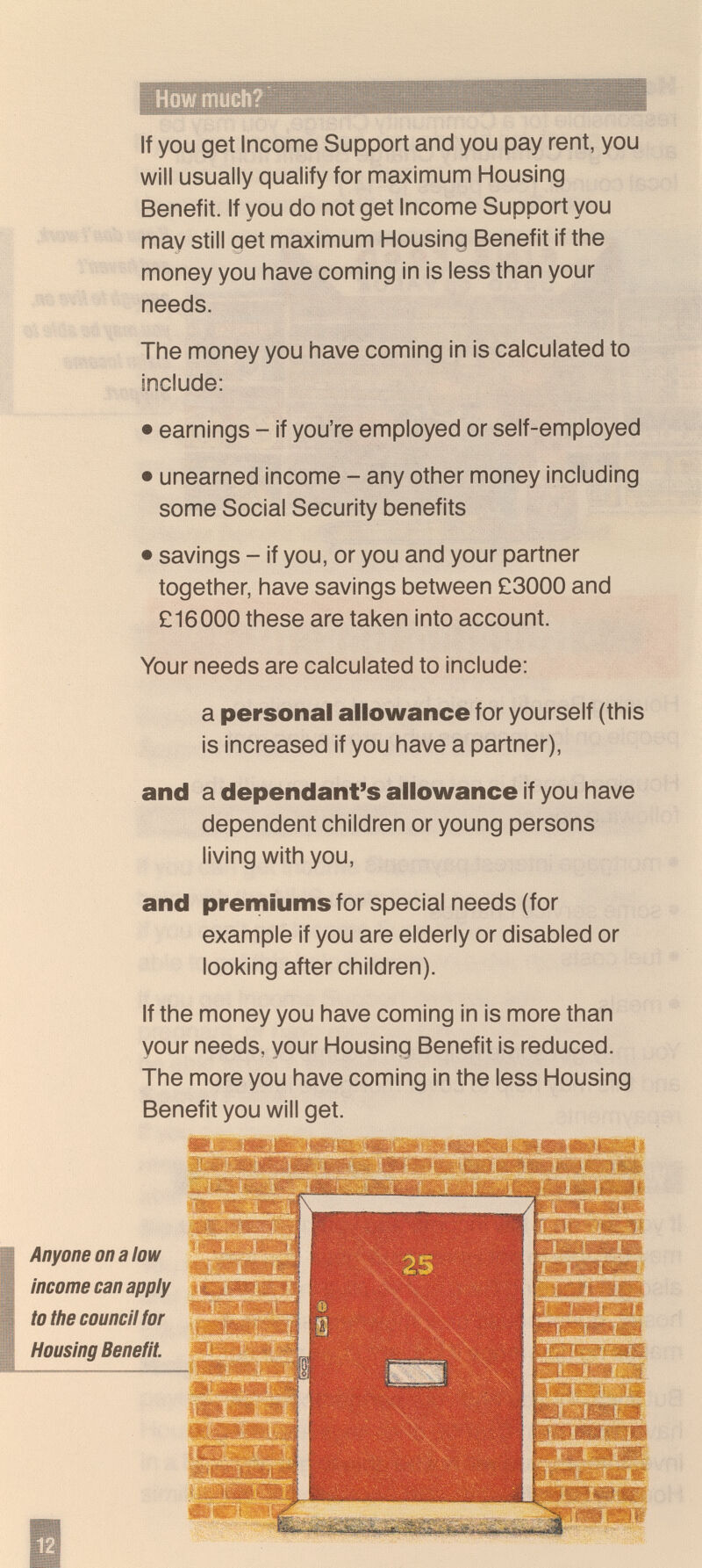 If you get Income Support and you pay rent, you will usually qualify for maximum Housing Benefit. If you do not get Income Support you may still get maximum Housing Benefit if the money you have coming in is less than your needs. The money you have coming in is calculated to include: • earnings - if you're employed or self-employed • unearned income - any other money including some Social Security benefits • savings - if you, or you and your partner together, have savings between £3000 and £16000 these are taken into account. Your needs are calculated to include: a personal allowance for yourself (this is increased if you have a partner), and a dependant's allowance if you have dependent children or young persons living with you, and preniiums for special needs (for example if you are elderly or disabled or looking after children). If the money you have coming in is more than your needs, your Housing Benefit is reduced. The more you have coming in the less Housing Benefit you will get. Anyone on a low income can apply to the council for Housing Benefit.