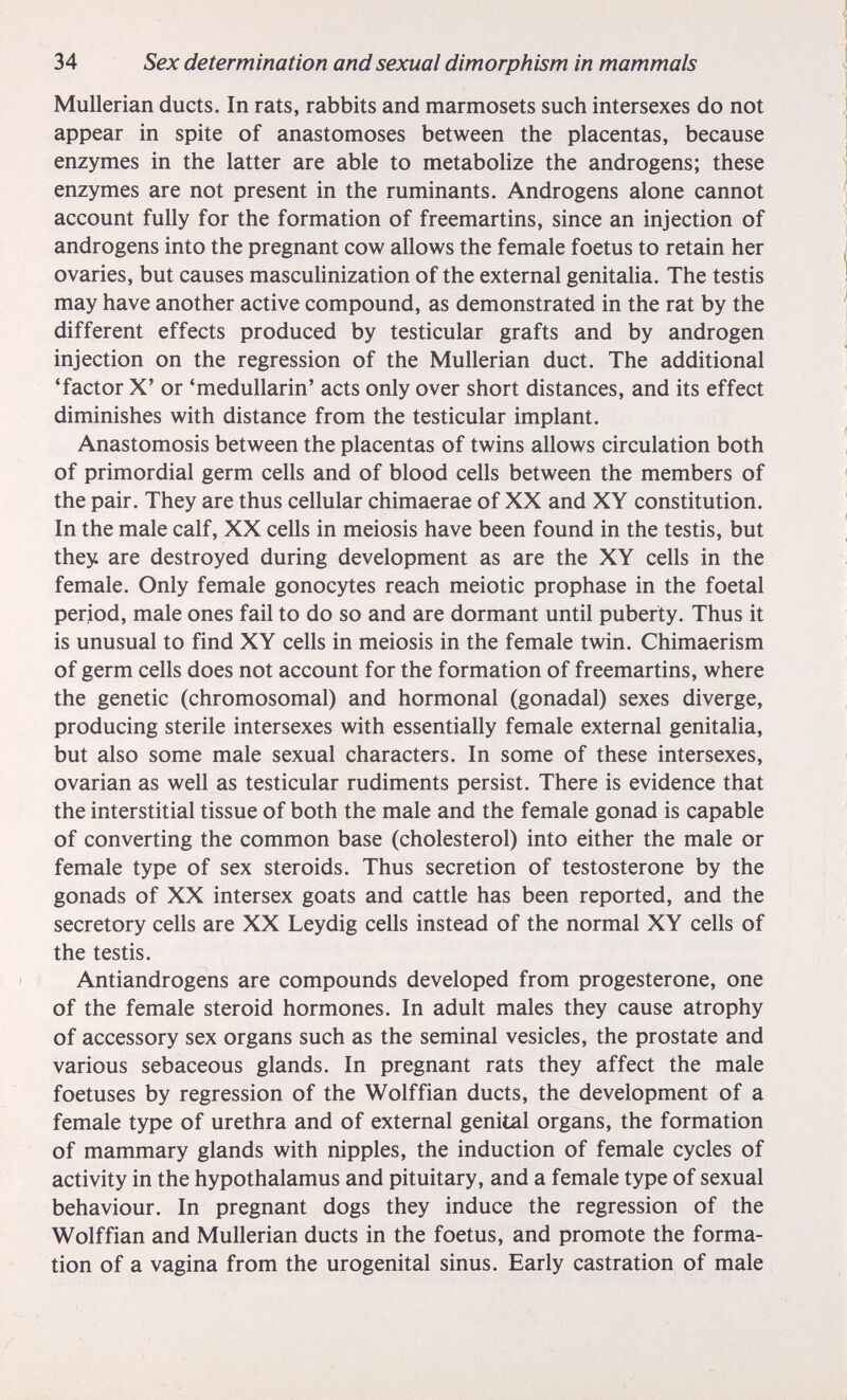 34 Sex determination and sexual dimorphism in mammals Mullerian ducts. In rats, rabbits and marmosets such intersexes do not appear in spite of anastomoses between the placentas, because enzymes in the latter are able to metabolize the androgens; these enzymes are not present in the ruminants. Androgens alone cannot account fully for the formation of freemartins, since an injection of androgens into the pregnant cow allows the female foetus to retain her ovaries, but causes mascuUnization of the external genitalia. The testis may have another active compound, as demonstrated in the rat by the different effects produced by testicular grafts and by androgen injection on the regression of the Mullerian duct. The additional 'factor X' or 'medullarin' acts only over short distances, and its effect diminishes with distance from the testicular implant. Anastomosis between the placentas of twins allows circulation both of primordial germ cells and of blood cells between the members of the pair. They are thus cellular chimaerae of XX and XY constitution. In the male calf, XX cells in meiosis have been found in the testis, but they are destroyed during development as are the XY cells in the female. Only female gonocytes reach meiotic prophase in the foetal period, male ones fail to do so and are dormant until puberty. Thus it is unusual to find XY cells in meiosis in the female twin. Chimaerism of germ cells does not account for the formation of freemartins, where the genetic (chromosomal) and hormonal (gonadal) sexes diverge, producing sterile intersexes with essentially female external genitalia, but also some male sexual characters. In some of these intersexes, ovarian as well as testicular rudiments persist. There is evidence that the interstitial tissue of both the male and the female gonad is capable of converting the common base (cholesterol) into either the male or female type of sex steroids. Thus secretion of testosterone by the gonads of XX intersex goats and cattle has been reported, and the secretory cells are XX Leydig cells instead of the normal XY cells of the testis. Antiandrogens are compounds developed from progesterone, one of the female steroid hormones. In adult males they cause atrophy of accessory sex organs such as the seminal vesicles, the prostate and various sebaceous glands. In pregnant rats they affect the male foetuses by regression of the Wolffian ducts, the development of a female type of urethra and of external genital organs, the formation of mammary glands with nipples, the induction of female cycles of activity in the hypothalamus and pituitary, and a female type of sexual behaviour. In pregnant dogs they induce the regression of the Wolffian and Mullerian ducts in the foetus, and promote the forma¬ tion of a vagina from the urogenital sinus. Early castration of male