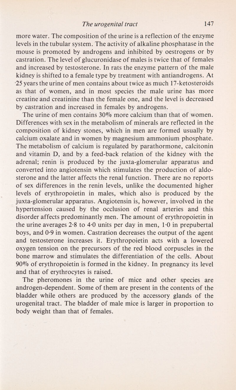 The urogenital tract 147 more water. The composition of the urine is a reflection of the enzyme levels in the tubular system. The activity of alkaline phosphatase in the mouse is promoted by androgens and inhibited by oestrogens or by castration. The level of glucuronidase of males is twice that of females and increased by testosterone. In rats the enzyme pattern of the male kidney is shifted to a female type by treatment with antiandrogens. At •25 years the urine of men contains about twice as much 17-ketosteroids as that of women, and in most species the male urine has more creatine and creatinine than the female one, and the level is decreased by castration and increased in females by androgens. The urine of men contains 30% more calcium than that of women. Differences with sex in the metaboHsm of minerals are reflected in the composition of kidney stones, which in men are formed usually by calcium oxalate and in women by magnesium ammonium phosphate. The metabolism of calcium is regulated by parathormone, calcitonin and vitamin D, and by a feed-back relation of the kidney with the adrenal; renin is produced by the juxta-glomerular apparatus and converted into angiotensin which stimulates the production of aldo¬ sterone and the latter affects the renal function. There are no reports of sex differences in the renin levels, unlike the documented higher levels of erythropoietin in males, which also is produced by the juxta-glomerular apparatus. Angiotensin is, however, involved in the hypertension caused by the occlusion of renal arteries and this disorder affects predominantly men. The amount of erythropoietin in the urine averages 2-8 to 4-0 units per day in men, 1-0 in prepubertal boys, and 0-9 in women. Castration decreases the output of the agent and testosterone increases it. Erythropoietin acts with a lowered oxygen tension on the precursors of the red blood corpuscles in the bone marrow and stimulates the differentiation of the cells. About 90% of erythropoietin is formed in the kidney. In pregnancy its level and that of erythrocytes is raised. The pheromones in the urine of mice and other species are androgen-dependent. Some of them are present in the contents of the bladder while others are produced by the accessory glands of the urogenital tract. The bladder of male mice is larger in proportion to body weight than that of females.
