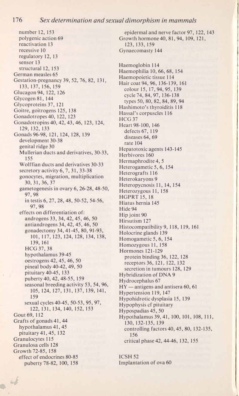 176 Sex determination and sexual dimorphism in mammals number 12, 153 polygenic action 69 reactivation 13 recessive 10 regulatory 12, 13 sensor 13 structural 12, 153 German measles 65 Gestation-pregnancy 39, 52, 76, 82, 131, 133,137,156,159 Glucagon 94, 122, 126 Glycogen 81, 144 Glycoproteins 37, 121 Goitre, goitrogens 125, 138 Gonadotropes 40, 122, 123 Gonadotropins 40, 42, 43, 46, 123, 124, 129, 132, 133 Gonads 96-98, 121, 124, 128, 139 development 30-38 genital ridge 30 Mullerian ducts and derivatives, 30-33, 155 Wolffian ducts and derivatives 30-33 secretory activity 6, 7, 31, 33-38 gonocytes, migration, multiplication 30, 31, 36, 37 gametogenesis in ovary 6, 26-28, 48-50, 97,98 in testis 6, 27, 28, 48, 50-52, 54-56, 97,98 effects on differentiation of: androgens 33, 34, 42, 45, 46, 50 antiandrogens 34, 42, 45, 46, 50 gonadectomy 34, 41-45, 80, 91-93, 101,117,123,124,128,134,138, 139,161 HCG37, 38 hypothalamus 39-45 oestrogens 42, 45, 46, 50 pineal body 40-42, 49, 50 pituitary 40-45, 133 puberty40,42, 48-55, 159 seasonal breeding activity 53, 54, 96, 105, 124, 127, 131, 137, 139, 141, 159 sexual cycles 40-45, 50-53, 95, 97, 122, 131,134,140,152,153 Gout 69, 112 Grafts of gonads 41, 44 hypothalamus 41,45 pituitary 41, 45, 132 Granulocytes 115 Granulosa cells 128 Growth 72-85, 158 effect of endocrines 80-85 puberty 78-82, 100, 158 epidermal and nerve factor 97, 122, 143 Growth hormone 40, 81, 94, 109, 121, 123, 133,159 Gynaecomasty 144 Haemoglobin 114 Haemophilia 10, 66, 68, 154 Haemopoietic tissue 114 Hair coat 94, 96, 136-139, 161 colour 15, 17,94, 95, 139 cycle 74, 84, 97, 136-138 types 50, 80, 82, 84, 89, 94 Hashimoto's thyroiditis 118 Hassal's corpuscles 116 HCG37 Heart 98-100, 146 defects 67, 119 diseases 64, 69 rate 104 Hepatotoxic agents 143-145 Herbivores 160 Hermaphrodite 4, 5 Heterogametic 5, 6, 154 Heterografts 116 Heterokaryons 9 Heteropycnosis 11, 14, 154 Heterozygous 11, 158 HGPRT 15, 18 Hiatus hernia 145 Hide 94 Hip joint 90 Hirsutism 127 Histocompatibihty 9, 118, 119, 161 Holocrine glands 139 Homogametic 5,6, 154 Homozygous 11, 158 Hormones 121-129 protein binding 36, 122, 128 receptors 36, 121, 122, 132 secretion in tumours 128, 129 Hybridization of DNA 9 Hydrocephalus 67 HY — antigens and antisera 60, 61 Hypertension 119, 147 Hypohidrotic dysplasia 15, 139 Hypophysis cf pituitary Hypospadias 45, 50 Hypothalamus 39, 41, 100, 101, 108, 111, 130,132-135, 139 controlling factors 40, 45, 80, 132-135, 156 critical phase 42, 44-46, 132, 155 ICSH 52 Implantation of ova 60