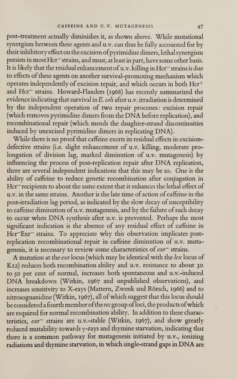 CAFFEINE AND U.V. MUTAGENESIS 47 post-treatment actually diminishes it, as shown above. While mutational synergism between these agents and u.v. can thus be fully accounted for by their inhibitory effect on the excision ofpyrimidine dimers, lethal synergism persists in most Hcr~ strains, and must, at least in part, have some other basis. It is likely that the residual enhancement of u.v. killing in Hcr~ strains is due to effects of these agents on another survival-promoting mechanism which operates independently of excision repair, and which occurs in both Hcr+ and Hcr~ strains. Howard-Flanders (1968) has recently summarized the evidence indicating that survival in E. coli after u.v. irradiation is determined by the independent operation of two repair processes: excision repair (which removes pyrimidine dimers from the DNA before replication), and recombinational repair (which mends the daughter-strand discontinuities induced by unexcised pyrimidine dimers in replicating DNA). While there is no proof that caffeine exerts its residual effects in excision- defective strains (i.e. slight enhancement of u.v. killing, moderate pro¬ longation of division lag, marked diminution of u.v. mutagenesis) by influencing the process of post-replication repair after DNA replication, there are several independent indications that this may be so. One is the ability of caffeine to reduce genetic recombination after conjugation in Hcr~ recipients to about the same extent that it enhances the lethal effect of u.V. in the same strains. Another is the late time of action of caffeine in the post-irradiation lag period, as indicated by the slow decay of susceptibility to caffeine diminution of u.v. mutagenesis, and by the failure of such decay to occur when DNA synthesis after u.v. is prevented. Perhaps the most significant indication is the absence of any residual effect of caffeine in Hcr~Exr~ strains. To appreciate why this observation implicates post- replication recombinational repair in caffeine diminution of u.v. muta¬ genesis, it is necessary to review some characteristics of exr~ strains. A mutation at the exr locus (which may be identical with the lex locus of K12) reduces both recombination ability and u.v. resistance to about 30 to 50 per cent of normal, increases both spontaneous and u.v.-induced DNA breakdown (Witkin, 1967 and unpubHshed observations), and increases sensitivity to X-rays (Mattern, Zwenk and Rörsch, 1966) and to nitrosoguanidine (Witkin, 1967), all of which suggest that this locus should be considered a fourth member of the ree group of loci, the products of which are required for normal recombination ability. In addition to these charac¬ teristics, exr~ strains are u.v.-stable (Witkin, 1967), and show greatly reduced mutability towards y-rays and thymine starvation, indicating that there is a common pathway for mutagenesis initiated by u.V., ionizing radiations and thymine starvation, in which single-strand gaps in DNA are