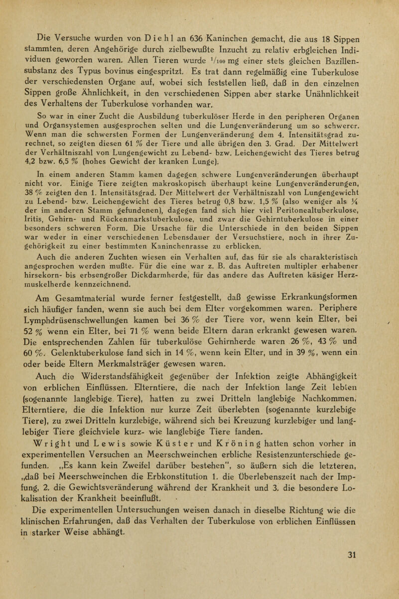Die Versuche wurden von Die hl an 636 Kaninchen gemacht, die aus 18 Sippen stammten, deren Angehörige duroh zielbewußte Inzucht zu relativ erbgleichen Indi¬ viduen geworden waren. Allen Tieren wurde ^/loo mg einer stets gleichen Bazillen¬ substanz des Typus bovinus eingespritzt. Es trat dann regehnäßig eine Tuberkulose der verschiedensten Organe auf, wobei sich feststellen ließ, daß in den einzelnen Sippen große Ähnlichkeit, in den verschiedenen Sippen aber starke Unähnlichkeit des Verhaltens der Tuberkulose vorhanden war. So war in einer Zucht die Ausbildung tuberkulöser Herde in den peripheren Organen und Org'ansystemen ausgesprochen selten und die Lungenveränderung um so schwerer. Wenn man die schwersten Formen der Lungenveränderung dem 4, Intensitätsgrad zu¬ rechnet, so zeigten diesen 61 % der Tiere und alle übrigen den 3. Grad. Der Mittelwert der Verhältniszahl von Lungengewicht zu Lebend- bzw. Leichengewicht des Tieres betrug 4,2 bzw. 6,5 % (hohes Gewicht der kranken Lunge). In einem anderen Stamm kamen dagegen schwere Lungenveränderungen überhaupt nicht vor. Einige Tiere zeigten makroskopisch überhaupt keine Lungenveränderungen, 38 % zeigten den 1. Intensitätsgrad. Der Mittelwert der Verhältniszahl von Lungengewicht zu Lebend- bzw. Leichengewicht des Tieres betrug 0,8 bzw. 1,5 % (also weniger alsi К der im anderen Stamm gefundenen), dagegen fand sich hier viel Peritonealtuberkulose, Iritis, Gehirn- und Rückenmarkstuberkulose, und zwar die Gehirntuberkulose in einer besonders schweren Form. Die Ursache für die Unterschiede in den beiden Sippen war weder in einer verschiedenen Lebensdauer der Versuchstiere, noch in ihrer Zu¬ gehörigkeit zu einer bestimmten Kaninchenrasse zu erblicken. Auch die anderen Zuchten wiesen ein Verhalten auf, das für sie als charakteristisch angesprochen werden mußte. Für die eine war z. B. das Auftreten multipler erhabener hirsekorn- bis erbsengroßer Dickdarmherde, für das andere das Auftreten käsiger Herz- rnuskelherde kennzeichnend. Am Gesamtmaterial wurde ferner festgestellt, daß gewisse Erkrankungsformen sich häufiger fanden, wenn sie auch bei dem Elter vorgekommen waren. Periphere Lymphdrüsenschwellungen kamen bei 36 % der Tiere vor, wenn kein Elter, bei 52 % wenn ein Elter, bei 71 % wenn beide Eltern daran erkrankt gewesen waren. Die entsprechenden Zahlen für tuberkulöse Gehirnherde waren 26 %, 43 % und 60 %. Gelenktuberkulose fand sich in 14 %, wenn kein Elter, und in 39 %, wenn ein oder beide Eltern Merkmalsträger gewesen waren. Auch dio Widerstandsfähigkeit gegenüber der Infektion zeigte Abhängigkeit von erblichen Einflüssen. Elterntiere, die nach der Infektion lange Zeit leblen (sogenannte langlebige Tiere), hatten zu zwei Dritteln langlebige Nachkommen, Elterntiere, die die Infektion nur kurze Zeit überlebten (sogenannte kurzlebige Tiere), zu zwei Dritteln kurzlebige, während sich bei Kreuzung kurzlebiger und lang¬ lebiger Tiere gleichviele kurz- wie langlebige Tiere fanden, Wright und Lewis sowie Küster und К r ö n i n g hatten schon vorher in experimentellen Versuchen an Meerschweinchen erbliche Resistenzunterschiede ge¬ funden. ,,Es kann kein Zweifel darüber bestehen, so äußern sich die letzteren, ,,daß bei Meerschweinchen die Erbkonstitution 1. die Überlebenszeit nach der Imp¬ fung, 2, die Gewichtsveränderimg während der Krankheit imd 3, die besondere Lo- kalisation der Krankheit beeinflußt. Die experimentellen Untersuchungen weisen danach in dieselbe Richtung wie die klinischen Erfahrungen, daß das Verhalten der Tuberkulose von erblichen Einflüssen in starker Weise abhängt. 31