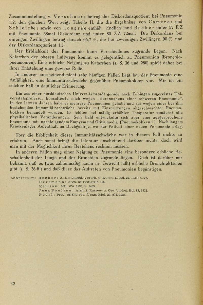 Zusammenstellung v, Verschuers betrug der Djskordanzquotient bei Pneumonie 1,2; den gleichen Wert zeigt Tabelle II, die die Ergebnisse von Camer er imd S с h 1 e i с he r sowie von L о n g r é e enthält. Endlich fand Becker unter 57 E Z mit Pneumonie 38mal Diskordanz und imter 80 Z Z 72mal, Die Diskordanz bei eineiigen Zwillingen betrug danach 66,7 %, die bei zweieiigen Zwillingen 90 % und der Diskordanzquotient 1,3, Der Erblichkeit der Pneumonie kann Verschiedenes zugnmde liegen. Nach Katarrhen der oberen Luftwege kommt es gelegentlich zu Pneumonien (Bronchio- pneimionien). Eine erbliche Neigung, zu Katarrhen (s. S, 36 und 280) spielt daher bei ihrer Entstehung eine gewisse Rolle, In anderen anscheinend nicht sehr häufigen Fällen liegt bei der Pneumonie eine Anfälligkeit, eine Immunitätsschwäche gegenüber Pneumokokken vor. Mir ist ein solcher Fall in deutlicher Erinnerung, Ein aus einer norddeutschen Universitätsstadt gerade nach Tübingen zugereister Uni¬ versitätsprofessor konsultierte mich wegen „Herannahens einer schweren Pneumonie, In den letzten Jahren habe er mehrere Pneumonien gehabt und sei wegen einer bei ihm bestehenden Immunitätsschwäche bereits mit Einspritzungen abgeschwächter Pneumo¬ kokken behandelt worden. Es fehlten bei mäßig erhöhter Temperatur zunächst alle physikalischen Veränderungen. Sehr bald entwickelte sich aber eine ausgesprochene Pneumonie mit nachfolgendem Empyem und Otitis media (Pneumokokken + ), Nach langem Krankenlager Aufenthalt im Hochgebirge, wo der Patient einer neuen Pneumonie erlag. Über die Erblichkeit dieser Immunitätsschwäche war in diesem FaU nichts zu erfahren. Auch sonst bringt die Literatur anscheinend darüber nichts, doch wird man mit der Möglichkeit ihres Bestehens rechnen müssen. In anderen Fällen mag einer Neigung zu Pneumonie eine besondere erbliche Be¬ schaffenheit der Lunge und der Bronchien zugrunde liegen. Doch ist darüber nur bekannt, daß es (was zahlenmäßig kaum ins Gewicht fällt) erbliche Bronchiektasien gibt (s, S, 36 ff,) und daß diese das Auftreten von Pneumonien begünstigen, Schrifttum : В e e к e r : Z. f. menschl. Vererb, u. Konst. L. Bd. 22, 1938, S. 77. Herr mann: Arch, of Pediatrie 196. i U i a n-: Kli. Wo. 1936, S. 1469. Jens Paulsen: Arch. f. Rassen- u. Ges. biolog. Bd. 13, 1921. Pearl : Proc. of the soc. f. exp. Biol. 23. 573. 1926. 42