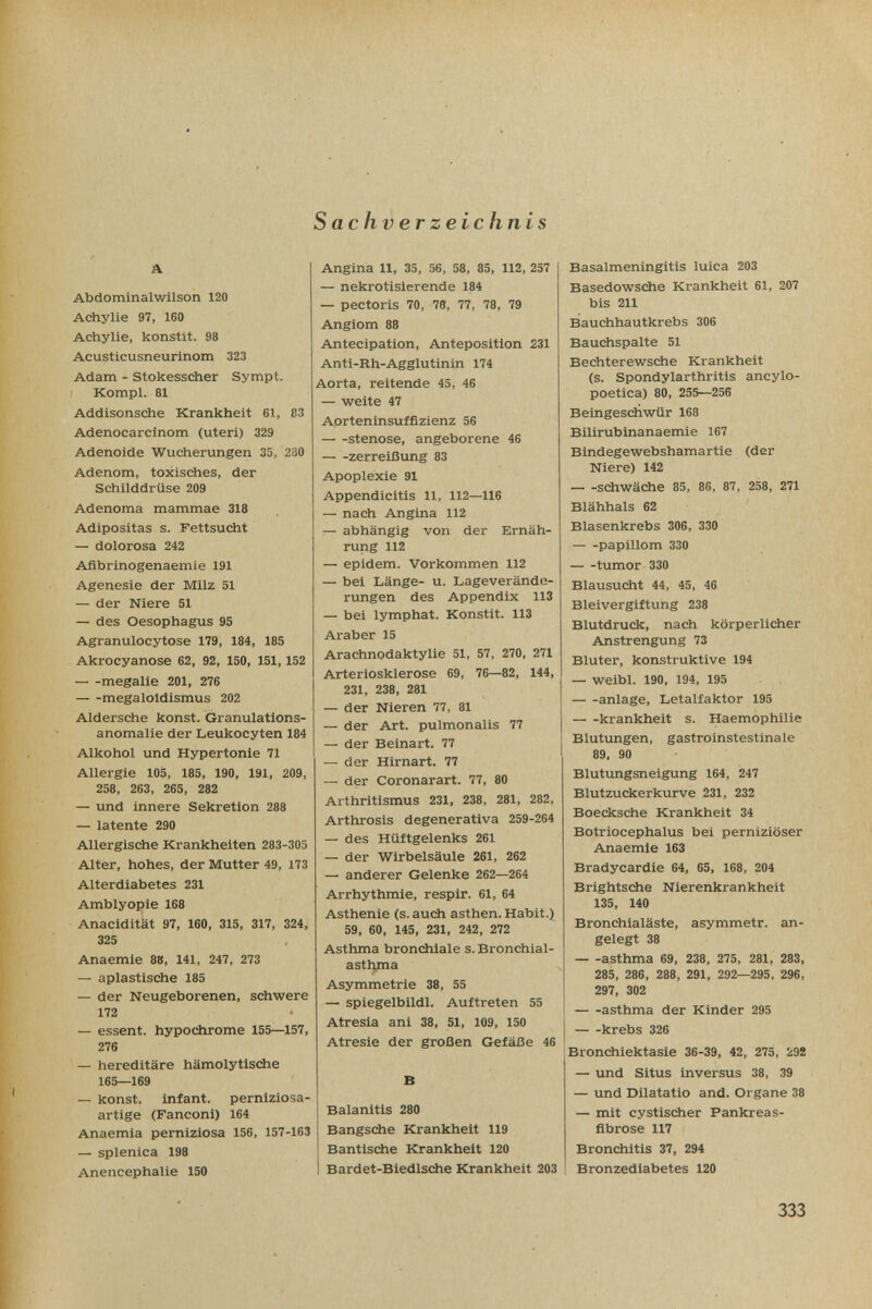 Sachverzeichnis A Abdominalwilson 120 Achylie 97, 160 Achylie, konstit. 98 Acusticusneurinom 323 Adam - Stokesscher Sympt. ! Kompl. 81 Addisonsche Krankheit 61, 83 Adenocarcinom (uteri) 329 Adenoide Wucherungen 35, 230 Adenom, toxisches, der Schilddrüse 209 Adenoma mammae 318 Adipositas s. Fettsucht — dolorosa 242 Afibrinogenaemie 191 Agenesie der Milz 51 — der Niere 51 — des Oesophagus 95 Agranulocytose 179, 184, 185 Akrocyanose 62, 92, 150, 151, 152 megalie 201, 276 megaloldismus 202 Aldersche konst. Granulations¬ anomalie der Leukocyten 184 Alkohol und Hypertonie 71 Allergie 105, 185, 190, 191, 209, 258, 263, 265, 282 — und innere Sekretion 288 — latente 290 Allergische Krankheiten 283-305 Alter, hohes, der Mutter 49, 173 Alterdiabetes 231 Amblyopie 168 Anacidität 97, 160, 315, 317, 324, 325 Anaemie 88, 141, 247, 273 — aplastische 185 — der Neugeborenen, schwere 172 — essent. hypochrome 155—157, 276 — hereditäre hämolytische 165—169 — konst. infant, pernlziosa- artige (Fanconi) 164 Anaemia Perniziosa 156, 157-163 — splenica 198 Anencephalie 150 Angina 11, 35, 56, 58, 85, 112, 257 — nekrotisierende 184 — pectoris 70, 78, 77, 78, 79 Angiom 88 Antecipation, Anteposition 231 Anti-Rh-Agglutinin 174 Aorta, reitende 45, 46 — weite 47 Aprteninsuffizienz 56 Stenose, angeborene 46 Zerreißung 83 Apoplexie 91 Appendicitis 11, 112—116 — nach Angina 112 — abhängig von der Ernäh¬ rung 112 — epidem. Vorkommen 112 — bei Länge- u. Lageverändo- rungen des Appendix 113 — bei lymphat. Konstit. 113 Araber 15 Arachnodaktylie 51, 57, 270, 271 Arteriosklerose 69, 76—82, 144, 231, 238, 281 — der Nieren 77, 81 — der Art. pulmonalis 77 — der Beinart. 77 — der Hirnart. 77 — der Coronarart. 77, 80 Arthritismus 231, 238, 281, 282, Arthrosis degenerativa 259-264 — des Hüftgelenks 261 — der Wirbelsäule 261, 262 — anderer Gelenke 262—264 Arrhythmie, resplr. 61, 64 Asthenie (s. audi asthen. Habit.) 59, 60, 145, 231, 242, 272 Asthma bronchiale s. Bronchial¬ asthma Asymmetrie 38, 55 — Spiegelbild!. Auftreten 55 Atresia ani 38, 51, 109, 150 Atresie der großen Gefäße 46 В Balanitis 280 Bangsc±ie Krankheit 119 Bantische Krankheit 120 Bardet-Biedlsche Krankheit 203 Basalmeningitis luica 203 Basedowsche Krankheit 61, 207 bis 211 Bauchhautkrebs 306 Bauchspalte 51 Bechterewsche Krankheit (s. Spondylarthritis ancylo- poetica) 80, 255—256 Beingeschwür 168 Bilirubinanaemie 167 Bindegewebshamartie (der Niere) 142 schwäche 85, 86, 87, 258, 271 Blähhals 62 Blasenkrebs 306, 330 Papillom 330 tumor 330 Blausucht 44, 45, 46 Bleivergiftung 238 Blutdruck, nach körperlicher Anstrengung 73 Bluter, konstruktive 194 — weibl. 190, 194, 195 anlage, Letalfaktor 195 krankheit s. Haemophilie Blutungen, gastroinstestinale 89. 90 Blutungsneigung 164, 247 Blutzuckerkurve 231, 232 Boecksche Krankheit 34 Botriocephalus bei perniziöser Anaemie 163 Bradycardie 64, 65, 168, 204 Brightsche Nierenkrankheit 135, 140 Bronchialäste, asymmetr. an¬ gelegt 38 asthma 69, 238, 275, 281, 283, 285, 286, 288, 291, 292—295, 296, 297, 302 asthma der Kinder 295 krebs 326 Bronchiektasie 36-39, 42, 275, 298 — und Situs inversus 38, 39 — und Dilatatio and. Organe 38 — mit cystischer Pankreas¬ fibrose 117 Bronchitis 37, 294 Bronzediabetes 120 333