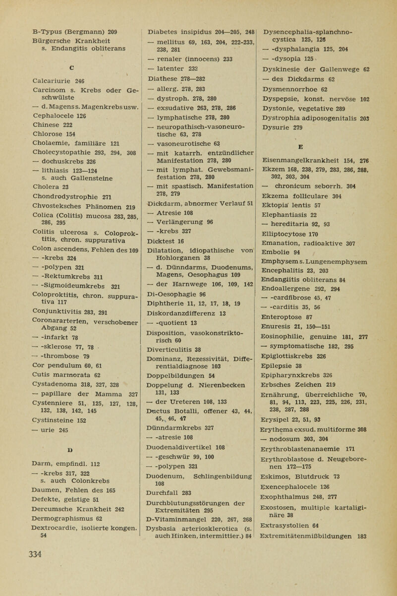 B-Typus (Bergmann) 209 Bürgersche Krankheit s. Endangitis obliterans С Calcariurie 246 Carcinom s. Krebs oder Ge¬ schwülste — d. Magens S.Magenkrebs usw. Cephaloeele 126 Chinese 222 Chlorose 154 Cholaemie, familiäre 121 Cholecystopathie 293, 294, 308 — dodiuskrebs 326 — llthiasis 123—124 s. auch Gallensteine Cholera 23 Chondrodystrophie 271 Chvosteksches Phänomen 219 Colica (Colitis) mucosa 283, 285, 286, 295 Colitis ulcerosa s. Coloprok- titis, chron. suppurativa Colon ascendens, Fehlen des 109 krebs 324 polypen 321 Rektumkrebs 311 Sigmoideumkrebs 321 Coloproktitis, chron. suppura¬ tiva 117 Conjunktivitis 283, 291 Coronararterien, verschobener Abgang 52 infarkt 78 Sklerose 77, 78 ■ thrombose 79 Cor pendulum 60, 61 Cutis marmorata 62 Cystadenoma 318, 327, 328 — papillare der Mamma 327 Cystenniere 51, 125, 127, 128, 132, 138, 142, 145 Cystinsteine 152 — urie 245 D Darm, empfindl. 112 krebs 317, 322 s. auch Colonkrebs Daumen, Fehlen des 165 Defekte, geistige 51 Dercumsche Krankheit 242 Dermographismus 62 Dextrocardie, isolierte kongen. 54 Diabetes Insipidus 204—205, 248 — mellitus 69, 163, 204, 222-233, > 238, 281 — renaler (innocens) 233 — latenter 232 Diathese 278—282 — allerg. 278, 283 — dystroph. 278, 280 — exsudative 263, 278, 286 — lymphatische 278, 280 — neuropathisch-vasoneuro- tische 63, 278 — vasoneurotische 63 — mit katarrh. entzündlicher Manifestation 278, 280 — mit lymphat. Gewebsmani- festation 278, 280 — mit spastisch. Manifestation 278, 279 Dickdarm, abnormer Verlauf 51 — Atresie 108 — Verlängerung 96 krebs 327 Dicktest 16 Dilatation, idiopathische von Hohlorganen 38 — d. Dünndarms, Duodenums, Magens, Oesophagus 109 — der Harnwege 106, 109, 142 Di-Oesophagie 96 Diphtherie 11, 12, 17, 18, 19 Diskordanzdifferenz 13 quotient 13 Disposition, vasokonstrikto- risch 60 Diverticulitis 38 Dominanz, Rezessivität, DifEe- rentialdiagnose 103 Doppelbildungen 54 Doppelung d. Nierenbecken 131, 133 — der Ureteren 108, 133 Ductus Botalli, offener 43, 44, 45, 46. 47 Dünndarmkrebs 327 atresie 108 Duodenaldivertikel 108 geschwür 99, 100 polypen 321 Duodenum, Sdilingenbildung 108 Durdifall 283 Durchblutungsstörungen der Extremitäten 295 D-Vitaminmangel 220, 267, 268 Dysbasia arteriosklerotica (s. auch Hinken, intermittier.) 84 Dysencephalia-splanchno- cystica 125, 128 dysphalangia 125, 204 dysopia 125. Dyskinesie der Gallenwege 62 — des Dickdarms 62 Dysmennorrhoe 62 Dyspepsie, konst. nervöse 102 Dystonie, vegetative 289 Dystrophia adiposogenitalis 20S Dysurie 279 E Eisenmangelkrankheit 154, 276 Ekzem 168, 238, 279, 283, 286, 288, 302, 303, 304 — chronicum seborrh. 304 Ekzema folliculare 304 Ektopia' lentis 57 Elephantiasis 22 — hereditaria 92, 93 Elliptocytose 170 Emanation, radioaktive 307 Embolie 94 Emphysem s. Lungenemphysem Encephalitis 23, 203 Endangiitis obliterans 84 Endoallergene 292, 294 cardfibrose 45, 47 carditis 35, 56 Enteroptose 87 Enuresis 21, 150—151 Eosinophilie, genuine 181, 277 — symptomatische 182, 295 Epiglottiskrebs 326 Epilepsie 38 Epipharynxkrebs 326 Erbsches Zeichen 219 Ernährung, überreichliche 70, 81, 94, 113, 223, 225, 226, 231, 238, 287, 288 Erysipel 22, 51, 93 Erythema exsud. multiforme 308 — nodosum 303, 304 Erythroblastenanaemie 171 Erythroblastose d. Neugebore¬ nen 172—175 Eskimos, Blutdruck 73 Exencephalocele 126 Exophthalmus 248, 277 Exostosen, multiple kartaligi- näre 38 Extrasystolien 64 Extremitätenmißbildungen 183