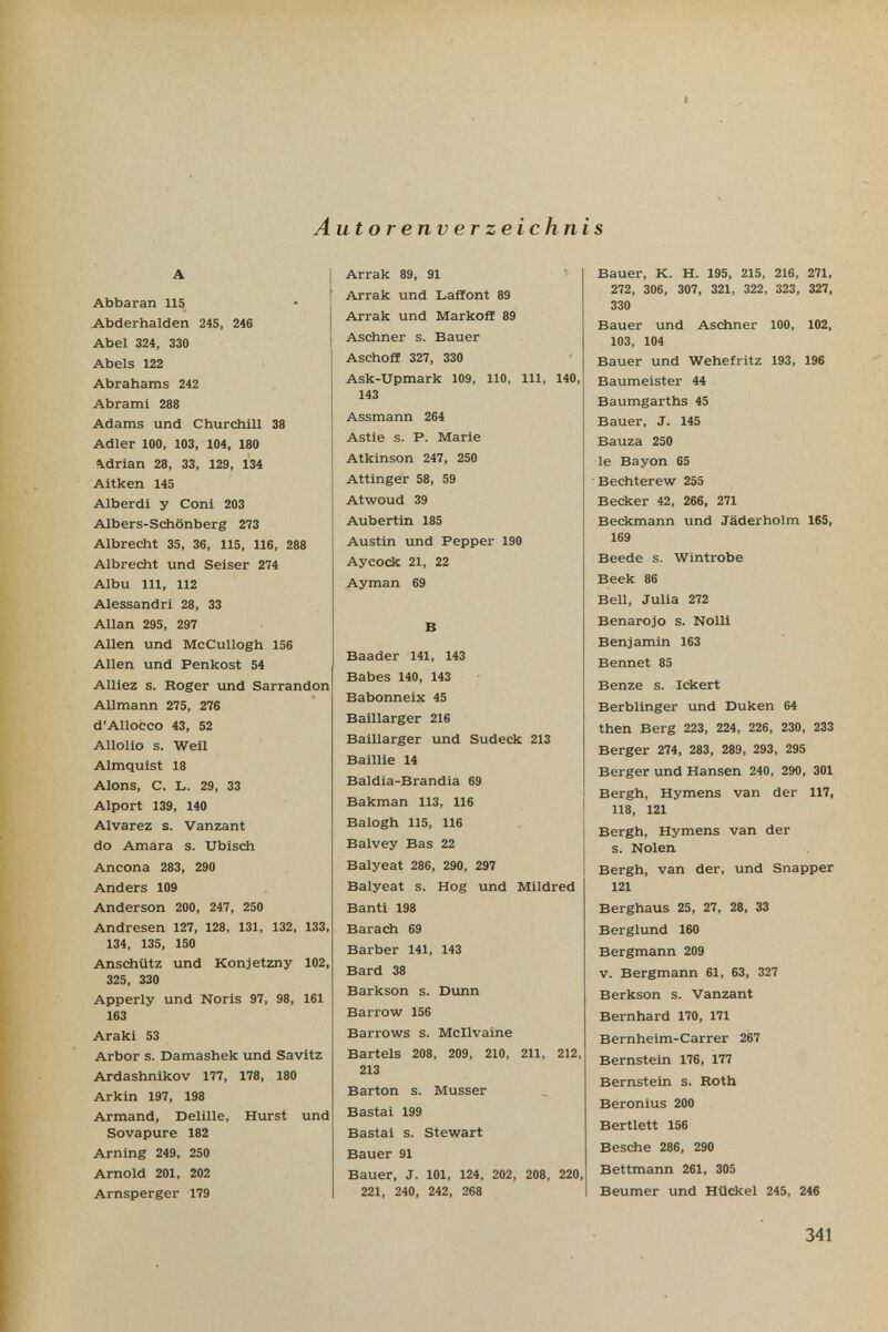 A utorenverzeichn IS A Abbaran 115 Abderhalden 245, 246 Abel 324, 330 Abels 122 Abrahams 242 Abrami 288 Adams und Churchill 38 Adler 100, 103, 104, 180 \drian 28, 33, 129, 134 Aitken 145 Alberdi y Coni 203 Albers-Schönberg 273 Albrecht 35, 36, 115, 116, 288 Albrecht und Seiser 274 Albu III, 112 Alessandri 28, 33 Allan 295, 297 Allen und McCullogh 156 Allen und Penkost 54 Alliez s. Roger und Sarrandon Allmann 275, 276 d'Allocco 43, 52 Allolio s. Weil Almquist 18 Alons, C. L. 29, 33 Alport 139, 140 Alvarez s. Vanzant do Amara s. Ubisch Ancona 283, 290 Anders 109 Anderson 200, 247, 250 Andresen 127, 128, 131, 132, 133, 134, 135, 150 Anschütz und Konjetzny 102, 325, 330 Apperly und Noris 97, 98, 161 163 Araki 53 Arbor s. Damashek und Savitz Ardashnikov 177, 178, 180 Arkin 197, 198 Armand, Delille, Hurst und Sovapure 182 Arning 249, 250 Arnold 201, 202 Arnsperger 179 Arrak 89, 91 ' Arrak und Laffont 89 Arrak und МагкоЯ 89 Aschner s. Bauer Aschofl 327, 330 Ask-Upmark 109, 110, III, 140, 143 Assmann 264 Astie s. P. Marie Atkinson 247, 250 Attinger 58, 59 Atwoud 39 Aubertin 185 Austin und Pepper 190 Aycock 21, 22 Ayman 69 В Baader 141, 143 Babes 140, 143 Babonneix 45 Baillarger 216 Baillarger und Sudeck 213 Baillie 14 Baldia-Brandia 69 Bakman 113, 116 Balogh 115, 116 Balvey Bas 22 Balyeat 286, 290, 297 Balyeat s. Hog und Mildred Banti 198 Barach 69 Barber 141, 143 Bard 38 Barkson s. Dunn Barrow 156 Barrows s. Mcllvaine Bartels 208, 209, 210, 211, 212, 213 Barton s. Musser Bastai 199 Bastai s. Stewart Bauer 91 Bauer, J. 101, 124, 202, 208, 220, 221, 240, 242, 268 Bauer, K. H. 195, 215, 216, 271, 272, 306, 307, 321, 322, 323, 327, 330 Bauer und Aschner 100, 102, 103, 104 Bauer und Wehefritz 193, 196 Baumeister 44 Baumgarths 45 Bauer, J. 145 Bauza 250 le Bayon 65 Bechterew 255 Becker 42, 266, 271 Beckmann und Jäderholm 165, 169 Beede s. Wintrobe Beek 86 Bell, Julia 272 Benarojo s. Nolli Benjamin 163 Bennet 85 Benze s. Ickert Berblinger und Duken 64 then Berg 223, 224, 226, 230, 233 Berger 274, 283, 289, 293, 295 Berger und Hansen 240, 290, 301 Bergh, Hymens van der 117, 118, 121 Bergh, Hymens van der s. Nolen Bergh, van der, und Snapper 121 Berghaus 25, 27, 28, 33 Berglund 160 Bergmann 209 v. Bergmann 61, 63, 327 Berkson s. Vanzant Bernhard 170, 171 Bernheim-Carrer 267 Bernstein 176, 177 Bernstein s. Roth Beronius 200 Bertlett 156 Besehe 286, 290 Bettmann 261, 305 Beumer und Hüdcel 245, 246 341