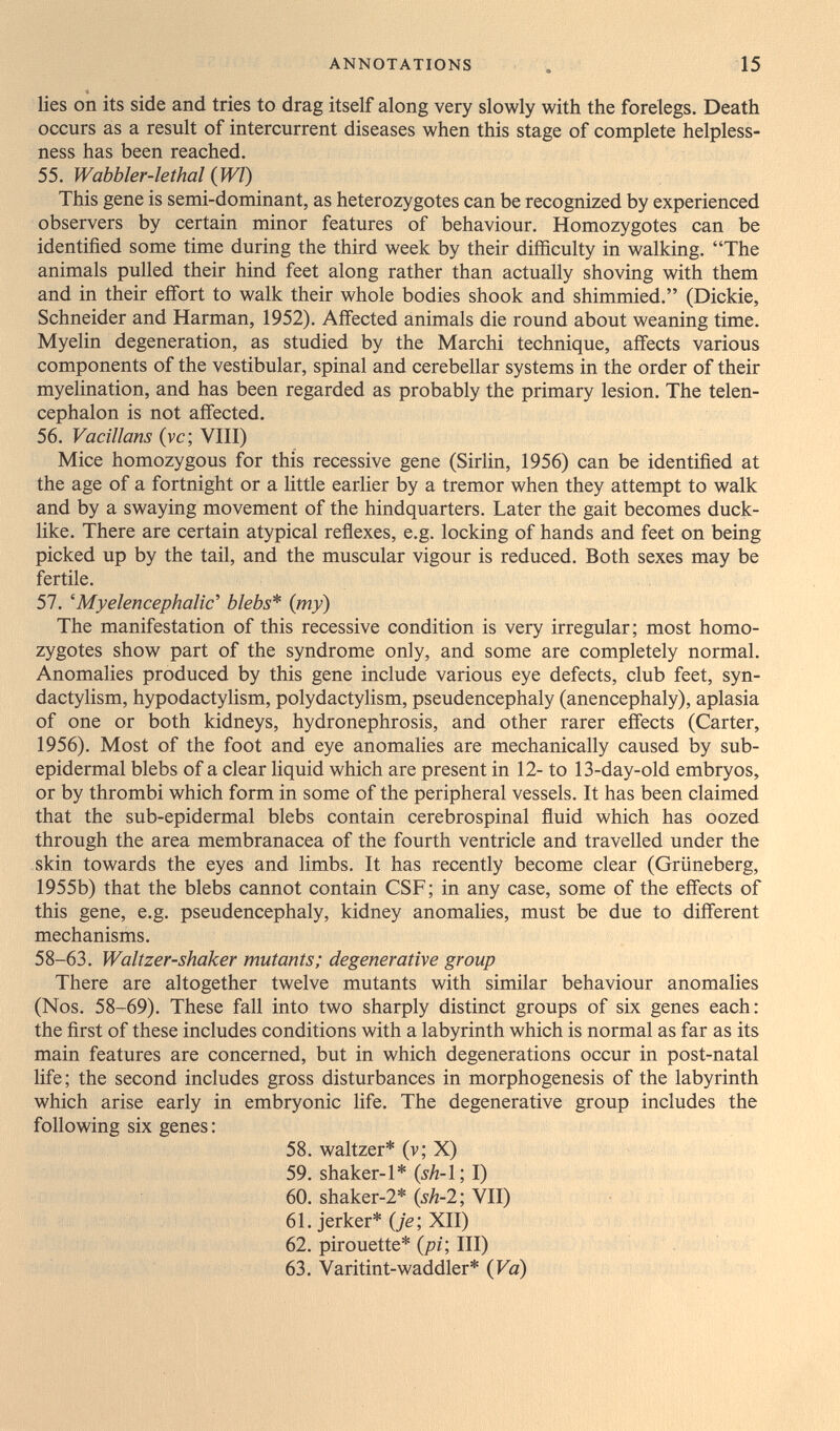 ANNOTATIONS 15 lies on its side and tries to drag itself along very slowly with the forelegs. Death occurs as a result of intercurrent diseases when this stage of complete helpless¬ ness has been reached. 55. Wabbler-lethal (Wl) This gene is semi-dominant, as heterozygotes can be recognized by experienced observers by certain minor features of behaviour. Homozygotes can be identified some time during the third week by their difficulty in walking, The animals pulled their hind feet along rather than actually shoving with them and in their effort to walk their whole bodies shook and shimmied. (Dickie, Schneider and Harman, 1952). Affected animals die round about weaning time. Myelin degeneration, as studied by the Marchi technique, affects various components of the vestibular, spinal and cerebellar systems in the order of their myelination, and has been regarded as probably the primary lesion. The telen¬ cephalon is not affected. 56. Vacillans (vc; VIII) Mice homozygous for this recessive gene (Sirlin, 1956) can be identified at the age of a fortnight or a little earlier by a tremor when they attempt to walk and by a swaying movement of the hindquarters. Later the gait becomes duck¬ like. There are certain atypical reñexes, e.g. locking of hands and feet on being picked up by the tail, and the muscular vigour is reduced. Both sexes may be fertile. 57. 'Myelencephalic' blebs* {my) The manifestation of this recessive condition is very irregular; most homo¬ zygotes show part of the syndrome only, and some are completely normal. Anomalies produced by this gene include various eye defects, club feet, syn¬ dactylism, hypodactylism, polydactylism, pseudencephaly (anencephaly), aplasia of one or both kidneys, hydronephrosis, and other rarer effects (Carter, 1956). Most of the foot and eye anomalies are mechanically caused by sub¬ epidermal blebs of a clear liquid which are present in 12- to 13-day-old embryos, or by thrombi which form in some of the peripheral vessels. It has been claimed that the sub-epidermal blebs contain cerebrospinal fluid which has oozed through the area membranacea of the fourth ventricle and travelled under the skin towards the eyes and limbs. It has recently become clear (Grüneberg, 1955b) that the blebs cannot contain CSF; in any case, some of the effects of this gene, e.g. pseudencephaly, kidney anomalies, must be due to different mechanisms. 58-63. Waltzer-shaker mutants; degenerative group There are altogether twelve mutants with similar behaviour anomalies (Nos. 58-69). These fall into two sharply distinct groups of six genes each: the first of these includes conditions with a labyrinth which is normal as far as its main features are concerned, but in which degenerations occur in post-natal life; the second includes gross disturbances in morphogenesis of the labyrinth which arise early in embryonic life. The degenerative group includes the following six genes : 58. waltzer* (v; X) 59. shaker-1* {sh-\ \ I) 60. shaker-2* {sh-2-, VII) 61. jerker* {je', XII) 62. pirouette* {pv. III) 63. Vari tint-waddler* {Va)
