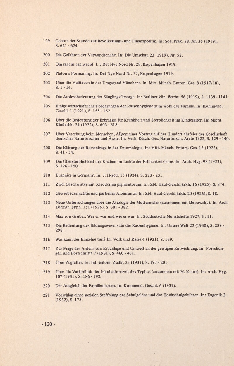 199 Gebote der Stunde zur Bevölkerungs- und Finanzpolitik. In: Soz. Prax. 28, Nr. 36 (1919), S. 621 -624. 200 Die Gefahren der Verwandtenehe. In: Die Umschau 23 (1919), Nr. 52. 201 Om racens egenvaerd. In: Det Nye Nord Nr. 28, Kopenhagen 1919. 202 Platon's Formaning. In: Det Nye Nord Nr. 37, Kopenhagen 1919. 203 Über die Melitaeen in der Umgegend Münchens. In: Mitt. Münch. Entom. Ges. 8 (1917/18), S. 1-16. 204 Die Auslesebedeutung der Säuglingsfürsorge. In: Berliner klin. Wschr. 56 (1919), S. 1139 -1141. 205 Einige wirtschaftliche Forderungen der Rassenhygiene zum Wohl der Familie. In: Kommend. Geschl. 1(1921), S. 155 - 162. 206 Über die Bedeutung der Erbmasse für Krankheit und Sterblichkeit im Kindesalter. In: Mschr. Kinderhk. 24 (1922), S. 603 - 618. 207 Über Vererbung beim Menschen, Allgemeiner Vortrag auf der Hundertjahrfeier der Gesellschaft deutscher Naturforscher und Ärzte. In: Verh. Dtsch. Ges. Naturforsch. Ärzte 1922, S. 129 - 140. 208 Die Klärung der Rassenfrage in der Entomologie. In: Mitt. Münch. Entom. Ges. 13 (1923), S. 41-54. 209 Die Übersterblichkeit der Knaben im Lichte der Erblichkeitslehre. In: Arch. Hyg. 93 (1923), S. 126-150. 210 Eugenics in Germany. In: J. Hered. 15 (1924), S. 223 - 231. 211 Zwei Geschwister mit Xeroderma pigmentosum. In: Zbl. Haut-Geschl.krkh. 16 (1925), S. 874. 212 Gewerbedermatitis und partieller Albinismus. In: Zbl. Haut-Geschl.krkh. 20 (1926), S. 18. 213 Neue Untersuchungen über die Ätiologie der Muttermäler (zusammen mit Meirowsky). In: Arch. Dermat. Syph. 151 (1926), S. 381 - 382. 214 Max von Gruber, Wer er war und wie er war. In: Süddeutsche Monatshefte 1927, H. 11. 215 Die Bedeutung des Bildungswesens für die Rassenhygiene. In; Unsere Welt 22 (1930), S. 289 - 298. 216 Was kann der Einzelne tun? In: Volk und Rasse 6 (1931), S. 169. 217 Zur Frage des Anteils von Erbanlage und Umwelt an der geistigen Entwicklung. In: Forschun¬ gen und Fortschritte 7 (1931), S. 460 - 461. 218 Über Zugfalter. In: Int. entom. Zschr. 25 (1931), S. 197 - 201. 219 Über die Variabilität der Inkubationszeit des Typhus (zusammen mit M. Knorr). In: Arch. Hyg. 107 (1931), S. 186- 192. 220 Der Ausgleich der Familienlasten. In: Kommend. Geschl. 6 (1931). 221 Vorschlag einer sozialen Staffelung des Schulgeldes und der Hochschulgebühren. In: Eugenik 2 (1932), S. 175. -120-