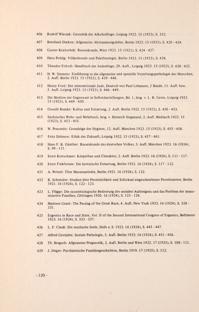 406 Rudolf Wlassak; Grundriß der Alkoholfrage, Leipzig 1922. 15 (1923), S. 332. 407 Bernhard Dürken: Allgemeine Abstammungslehre, Berlin 1923. 15 (1923), S. 420 - 424. 408 Gustav Kraitschek: Rassenkunde, Wien 1923. 15 (1923), S. 424 - 427. 409 Hans Pohlig: Völkerkunde und Palethnologie, Berlin 1923. 15 (1923), S. 428. 410 Theodor Fritsch: Handbuch der Judenfrage, 29. Aufl., Leipzig 1923. 15 (1923), S. 428 - 432. 411 H. W. Siemens: Einführung in die allgemeine und spezielle Vererbungspathologie des Menschen, 2. Aufl. Berlin 1923. 15 (1923), S. 439 - 446. 412 Henry Ford: Der internationale Jude, Deutsch von Paul Lehmann, 2 Bände, 11. Aufl. bzw. 5. АиП. Leipzig 1923. 15 (1923), S. 446 - 449. 413 Die Medizin der Gegenwart in Selbstdarstellungen, Bd. 1, hrsg. v. L. R. Grote, Leipzig 1923. 15 (1923), S. 449-450. 414 Oswald Bumke: Kultur und Entartung, 2. Aufl. Berlin 1922. 15 (1923), S. 450 - 453. 415 Sächsisches Wehr- und Mehrbuch, hrsg. v. Heinrich Siegmund, 2. Aufl. Mediasch 1922. 15 (1923), S. 453 -455. 416 W. Prausnitz: Grundzüge der Hygiene, 12. Aufl. München 1923. 15 (1923), S. 455 - 456. 417 Fritz Dehnow: Ethik der Zukunft, Leipzig 1922. 15 (1923), S. 457 - 461. 418 Hans F. K. Günther: Rassenkunde des deutschen Volkes, 3. Aufl. München 1923. 16 (1924), S. 99-111. 419 Ernst Kretschmer: Körperbau und Charakter, 2. Aufl. Berlin 1923. 16 (1924), S. III -117. 420 Ernst Finkbeiner: Die kretinische Entartung, Berlin 1923. 16 (1924), S. 117 -122. 421 A. Wetzel: Über Massenmörder, Berlin 1921. 16 (1924), S. 122. 422 K. Schneider: Studien über Persönlichkeit und Schicksal eingeschriebener Prostituierter, Berlin 1921. 16 (1924), S. 122 - 123. 423 L. Flügge: Die rassenbiologische Bedeutung des sozialen Aufsteigens und das Problem der immu¬ nisierten Familien, Göttingen 1920. 16 (1924), S. 123 - 124. 424 Madison Grant: The Passing of the Great Race, 4. Aufl. New York 1923. 16 (1924), S. 328 - 331. 425 Eugenics in Race und State, Vol. II of the Second International Congress of Eugenics, Baltimore 1923. 16 (1924), S. 333 - 337. 426 L. F. Clauß: Die nordische Seele, Halle a. S. 1923. 16 (1924), S. 445 - 447. 427 Alfred Grotjahn: Soziale Pathologie, 3. Aufl. Berlin 1923. 16 (1924), S. 451 - 456. 428 Th. Brugsch: Allgemeine Prognostik, 2. Aufl. Berlin und Wien 1922. 17 (1925), S. 108 - III. 429 J. Jörger: Psychiatrische Familiengeschichten, Berlin 1919. 17 (1925), S. 112. -130- >