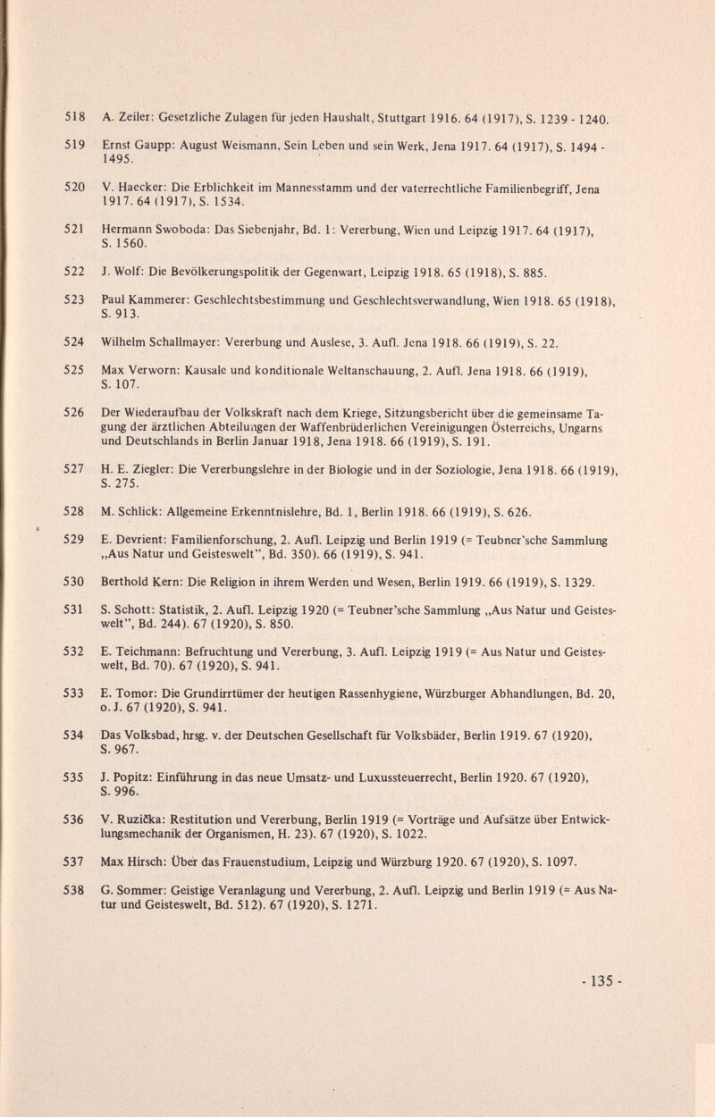 518 A. Zeiler: Gesetzliche Zulagen für jeden Haushalt, Stuttgart 1916. 64 (1917), S. 1239 - 1240. 519 Ernst Gaupp; August Weismann, Sein Leben und sein Weric, Jena 1917. 64 (1917), S. 1494 - 1495. 520 V. Haecker: Die Erblichkeit im Mannesstamm und der vaterrechtliche Familienbegriff, Jena 1917. 64(1917), S. 1534. 521 Hermann Swoboda: Das Siebenjahr, Bd. 1: Vererbung, Wien und Leipzig 1917. 64 (1917), S. 1560. 522 J. Wolf: Die Bevölkerungspolitik der Gegenwart, Leipzig 1918. 65 (1918), S. 885. 523 Paul Kammerer; Geschlechtsbestimmung und Geschlechtsverwandlung, Wien 1918. 65 (1918), S. 913. 524 Wilhelm Schallmayer: Vererbung und Auslese, 3. Aufl. Jena 1918. 66 (1919), S. 22. 525 Max Verworn: Kausale und konditionale Weltanschauung, 2. Aufl. Jena 1918. 66 (1919), S. 107. 526 Der WiederautЪau der Volkskraft nach dem Kriege, Sitzungsbericht über die gemeinsame Ta¬ gung der ärztlichen Abteilungen der Waffenbrüderlichen Vereinigungen Österreichs, Ungarns und Deutschlands in Berlin Januar 1918, Jena 1918. 66 (1919), S. 191. 527 H. E. Ziegler; Die Vererbungslehre in der Biologie und in der Soziologie, Jena 1918. 66 (1919), S. 275. 528 M. Schlick; Allgemeine Erkenntnislehre, Bd. 1, Berlin 1918. 66 (1919), S. 626. 529 E. Devrient: Familienforschung, 2. Aufl. Leipzig und Berlin 1919 (= Teubner'sche Sammlung „Aus Natur und Geisteswelt, Bd. 350). 66 (1919), S. 941. 530 Berthold Kern; Die Religion in ihrem Werden und Wesen, Berlin 1919. 66 (1919), S. 1329. 531 S. Schott: Statistik, 2. Aufl. Leipzig 1920 (= Teubner'sche Sammlung „Aus Natur und Geistes¬ welt, Bd. 244). 67 (1920), S. 850. 532 E. Teichmann: Befruchtung und Vererbung, 3. Aufl. Leipzig 1919 (= Aus Natur und Geistes¬ welt, Bd. 70). 67 (1920), S. 941. 533 E. Tomor: Die Grundirrtümer der heutigen Rassenhygiene, Würzburger Abhandlungen, Bd. 20, o.J. 67 (1920), S. 941. 534 Das Volksbad, hr^. v. der Deutschen Gesellschaft für Volksbäder, Berlin 1919. 67 (1920), S. 967. 535 J. Popitz; Einführung in das neue Umsatz- und Luxussteuerrecht, Berlin 1920. 67 (1920), S. 996. 536 V. Ruziöka: Restitution und Vererbung, Berlin 1919 (= Vorträge und Aufsätze über Entwick¬ lung smechanik der Organismen, H. 23). 67 (1920), S. 1022. 537 Max Hirsch: Über das Frauenstudium, Leipzig und Würzburg 1920. 67 (1920), S. 1097. 538 G. Sommer: Geistige Veranlagung und Vererbung, 2. Aufl. Leipzig und Berlin 1919 (= Aus Na¬ tur und Geisteswelt, Bd. 512). 67 (1920), S. 1271. -135-