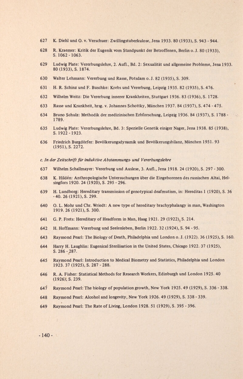 627 К. DieM und О. v. Verschuer: Zwillmgstuberkulose, Jena 1933. 80 (1933), S. 943 - 944. 628 R. Kraemer: Kritik der Eugenik vom Standpunkt der Betroffenen, Berlin o. J. 80 (1933), S. 1062 -1063. 629 Ludwig Plate: Vererbungslehre, 2. Aufl., Bd. 2: Sexualität und allgemeine Probleme, Jena 1933. 80 (1933), S. 1874. 630 Walter Lehmann: Vererbung und Rasse, Potsdam o. J. 82 (1935), S. 309. 631 H. R. Schinz und F. Buschke: Krebs und Vererbung, Leipzig 1935. 82 (1935), S. 476. 632 Wilhelm Weitz: Die Vererbung innerer Krankheiten, Stuttgart 1936. 83 (1936), S. 1728. 633 Rasse und Krankheit, hrsg. v. Johannes Schottky, München 1937. 84 (1937), S. 474 - 475. 634 Bruno Schulz: Methodik der medizinischen Erbforschung, Leipzig 1936. 84 (1937), S. 1788 - 1789. 635 Ludwig Plate: Vererbungslehre, Bd. 3: Spezielle Genetik einiger Nager, Jena 1938. 85 (1938), S. 1922-1923. 636 Friedrich Burgdörfer: Bevölkerungsdynamik und Bevölkerungsbilanz, München 1951. 93 (1951), S. 2272. c. In der Zeitschrift ßr induktive Abstammungs- und Vererbungslehre 637 Wilhelm Schallmayer: Vererbung und Auslese, 3. Aufl., Jena 1918. 24 (1920), S. 297 - 300. 638 K. Hilden: Anthropologische Untersuchungen über die Eingeborenen des russischen Altai, Hel- singfors 1920. 24 (1920), S. 295 - 296. 639 H. Lundborg: Hereditary transmission of genotypical deafmutism, in: Hereditas 1 (1920), S. 36 -40. 26 (1921), S. 299. 640 О. L. Mohr und Chr. Wriedt: A new type of hereditary brachyphalangy in man, Washington 1919. 26 (1921), S. 300. 641 G. P. Frets: Hereditary of Headform in Man, Haag 1921. 29 (1922)^ S. 214. 642 H. Hoffmann: Vererbung und Seelenleben, Berlin 1922. 32 (1924), S. 94 - 95. 643 Raymond Pearl: The Biology of Death, Philadelphia und London o. J. (1922). 36 (1925), S. 160. 644 Harry H. Laughlin: Eugenical Sterilisation in the United States, Chicago 1922. 37 (1925), S. 286 - 287. 645 Raymond Pearl: Introduction to Medical Biometry and Statistics, Philadelphia und London 1923. 37 (1925), S. 287 -288. 646 R. A. Fisher: Statistical Methods for Research Workers, Edinburgh und London 1925. 40 (1926), S. 239. 647 Raymond Pearl: The biology of population growth. New York 1925. 49 (1929), S. 336 - 338. 648 Raymond Pearl: Alcohol and longevity. New York 1926. 49 (1929), S. 338 - 339. 649 Raymond Pearl: The Rate of Living, London 1928. 51 (1929), S. 395 - 396. -140- V