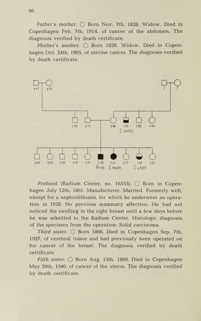 66 Father's mother. О Born Nov. 7th, 1828. Widow. Died in Copenhagen Feb. 7th, 1914, of cancer of the abdomen. The diagnosis verified by death certificate. Mother's mother. О Born 1828. Widow. Died in Copen¬ hagen Oct. 24th, 1905, of uterine cancer. The diagnosis verified by death certificate. |68 fbO tS9 T28 î79 L82 tô1 L77 -168 f22 Prob. C.mam. C.uteri Proband (Radium Center, no. 16533). □ Born in Copen¬ hagen July 12th, 1861. Manufacturer. Married. Formerly well, except for a nephrolithiasis, for which he underwent an opera¬ tion in 1928. No previous mammary affection. He had not noticed the swelling in the right breast until a few days before he was admitted to the Radium Center. Histologic diagnosis of the specimen from the operation: Solid carcinoma. Third sister. О Born 1866. Died in Copenhagen Sep. 7th, 1927, of cerebral tumor and had previously been operated on for cancer of the breast. The diagnosis verified by death certificate. Fifth sister. О Born Aug. 15th, 1869. Died in Copenhagen May 20th, 1940, of cancer of the uterus. The diagnosis verified by death certificate.