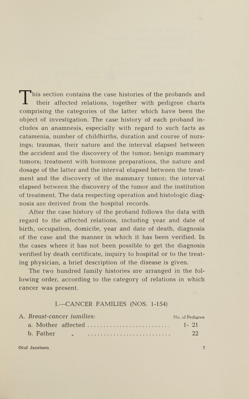 This section contains the case histories of the probands and their affected relations, together with pedigree charts comprising the categories of the latter which have been the object of investigation. The case history of each proband in¬ cludes an anamnesis, especially with regard to such facts as catamenia, number of childbirths, duration and course of nurs¬ ings; traumas, their nature and the interval elapsed between the accident and the discovery of the tumor; benign mammary tumors; treatment with hormone preparations, the nature and dosage of the latter and the interval elapsed between the treat¬ ment and the discovery of the mammary tumor; the interval elapsed between the discovery of the tumor and the institution of treatment. The data respecting operation and histologic diag¬ nosis are derived from the hospital records. After the case history of the proband follows the data with regard to the affected relations, including year and date of birth, occupation, domicile, year and date of death, diagnosis of the case and the manner in which it has been verified. In the cases where it has not been possible to get the diagnosis verified by death certificate, inquiry to hospital or to the treat¬ ing physician, a brief description of the disease is given. The two hundred family histories are arranged in the fol¬ lowing order, according to the category of relations in which cancer was present. L—CANCER FAMILIES (NOS. 1-154) A. Breast-cancer iamilies: a. Mother affected . . . b. Father „ ciuf Jacobsen 7