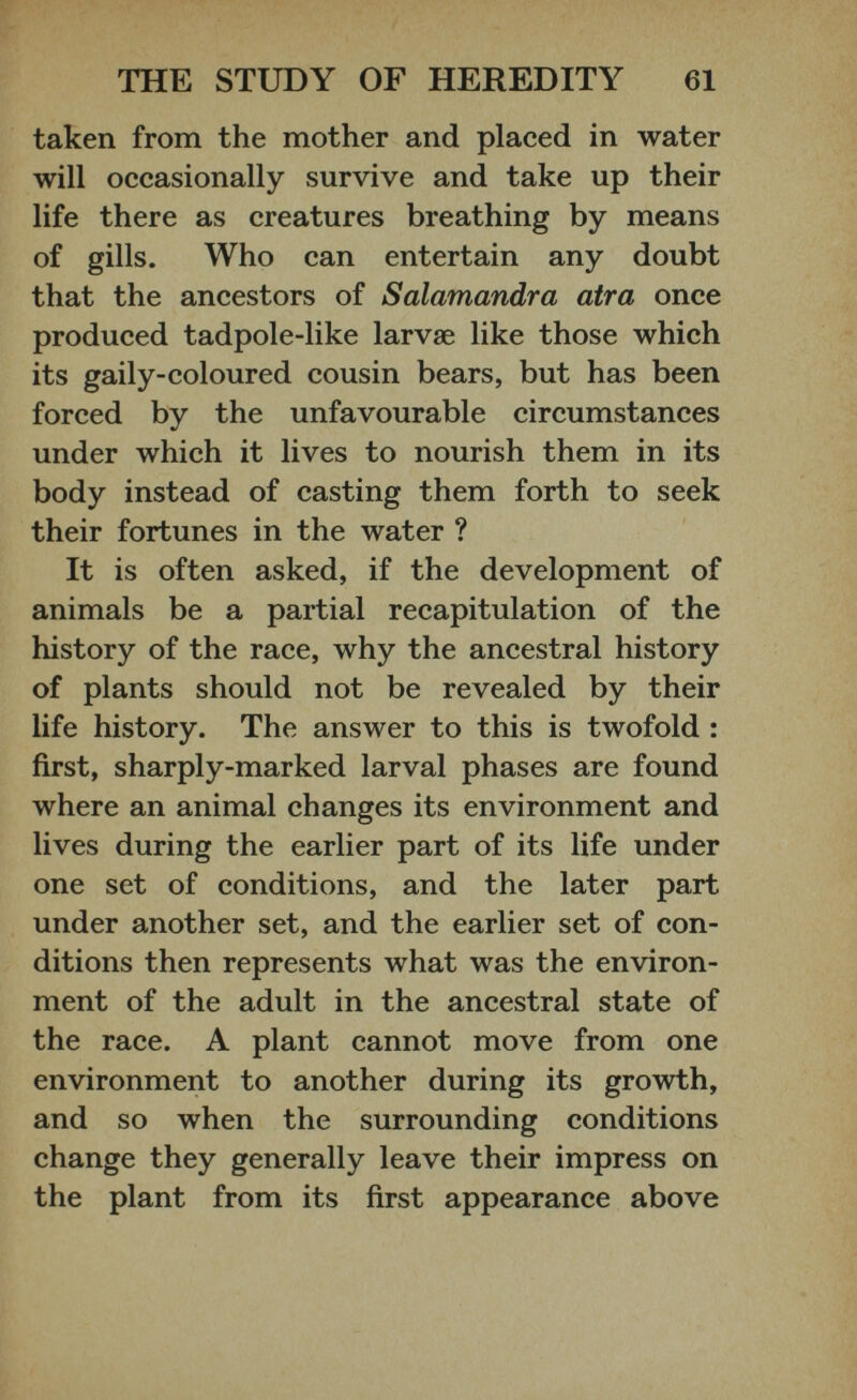 taken from the mother and placed in water will occasionally survive and take up their life there as creatures breathing by means of gills. Who can entertain any doubt that the ancestors of Salamandra atra once produced tadpole-like larvae like those which its gaily-coloured cousin bears, but has been forced by the unfavourable circumstances under which it lives to nourish them in its body instead of casting them forth to seek their fortunes in the water ? It is often asked, if the development of animals be a partial recapitulation of the history of the race, why the ancestral history of plants should not be revealed by their life history. The answer to this is twofold : first, sharply-marked larval phases are found where an animal changes its environment and lives during the earlier part of its life under one set of conditions, and the later part under another set, and the earlier set of con ditions then represents what was the environ ment of the adult in the ancestral state of the race. A plant cannot move from one environment to another during its growth, and so when the surrounding conditions change they generally leave their impress on the plant from its first appearance above