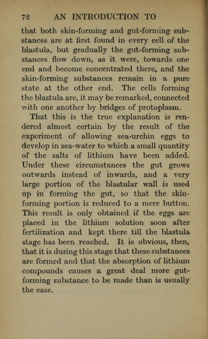 that both skin-forming and gut-forming sub stances are at first found in every cell of the blastula, but gradually the gut-forming sub stances flow down, as it were, towards one end and become concentrated there, and the skin-forming substances remain in a pure state at the other end. The cells forming the blastula are, it may be remarked, connected with one another by bridges of protoplasm. That this is the true explanation is ren dered almost certain by the result of the experiment of allowing sea-urchin eggs to develop in sea-water to which a small quantity of the salts of lithium have been added. Under these circumstances the gut grows outwards instead of inwards, and a very large portion of the blastular wall is used up in forming the gut, so that the skin forming portion is reduced to a mere button. This result is only obtained if the eggs are placed in the lithium solution soon after fertilization and kept there till the blastula stage has been reached. It is obvious, then, that it is during this stage that these substances are formed and that the absorption of lithium compounds causes a great deal more gut forming substance to be made than is usually the case.