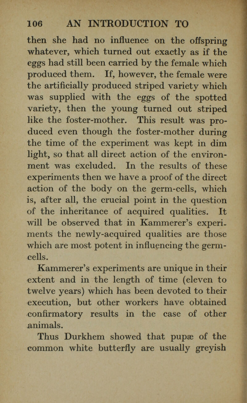 then she had no influence on the offspring whatever, which turned out exactly as if the eggs had still been carried by the female which produced them. If, however, the female were the artificially produced striped variety which was supplied with the eggs of the spotted variety, then the young turned out striped like the foster-mother. This result was pro duced even though the foster-mother during the time of the experiment was kept in dim light, so that all direct action of the environ ment was excluded. In the results of these experiments then we have a proof of the direct action of the body on the germ-cells, which is, after all, the crucial point in the question of the inheritance of acquired qualities. It will be observed that in Kammerer’s experi ments the newly-acquired qualities are those which are most potent in influencing the germ- cells. Kammerer’s experiments are unique in their extent and in the length of time (eleven to twelve years) which has been devoted to their execution, but other workers have obtained confirmatory results in the case of other animals. Thus Durkhem showed that pupae of the common white butterfly are usually greyish