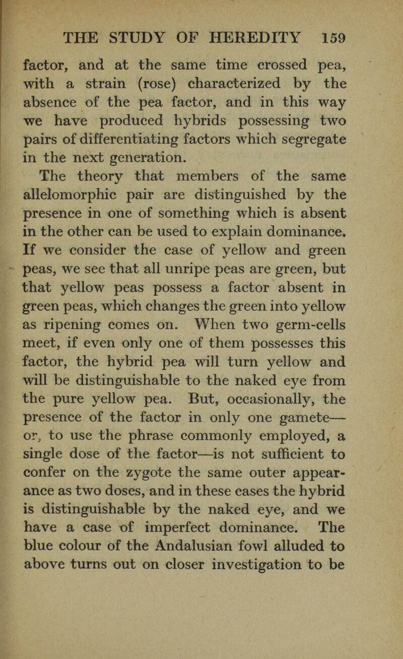 factor, and at the same time crossed pea, with a strain (rose) characterized by the absence of the pea factor, and in this way we have produced hybrids possessing two pairs of differentiating factors which segregate in the next generation. The theory that members of the same allelomorphic pair are distinguished by the presence in one of something which is absent in the other can be used to explain dominance. If we consider the case of yellow and green peas, we see that all unripe peas are green, but that yellow peas possess a factor absent in green peas, which changes the green into yellow as ripening comes on. When two germ-cells meet, if even only one of them possesses this factor, the hybrid pea will turn yellow and will be distinguishable to the naked eye from the pure yellow pea. But, occasionally, the presence of the factor in only one gamete— or, to use the phrase commonly employed, a single dose of the factor—is not sufficient to confer on the zygote the same outer appear ance as two doses, and in these cases the hybrid is distinguishable by the naked eye, and we have a case of imperfect dominance. The blue colour of the Andalusian fowl alluded to above turns out on closer investigation to be