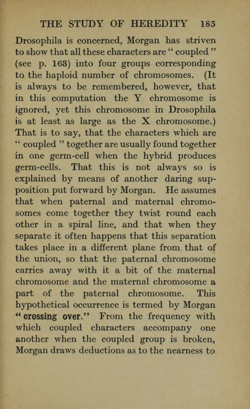 Drosophila is concerned, Morgan has striven to show that all these characters are “ coupled ” (see p. 163) into four groups corresponding to the haploid number of chromosomes. (It is always to be remembered, however, that in this computation the Y chromosome is ignored, yet this chromosome in Drosophila is at least as large as the X chromosome.) That is to say, that the characters which are “ coupled ” together are usually found together in one germ-cell when the hybrid produces germ-cells. That this is not always so is explained by means of another daring sup position put forward by Morgan. He assumes that when paternal and maternal chromo somes come together they twist round each other in a spiral line, and that when they separate it often happens that this separation takes place in a different plane from that of the union, so that the paternal chromosome carries away with it a bit of the maternal chromosome and the maternal chromosome a part of the paternal chromosome. This hypothetical occurrence is termed by Morgan “ crossing over.” From the frequency with which coupled characters accompany one another when the coupled group is broken, Morgan draws deductions as to the nearness to