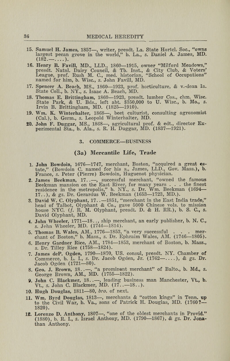 36 MEDICAL HEREDITY 15. Samuel H. James, 1857—, writer, presdt. La. State Hörtel. Soc., owns largest pecan grove in the world, b. La., s. Daniel A. James, MD. (182.—....). 16. Henry B. Favill, MD., LLD., 1860—1915, owner Milford Meadows, presdt. Natnl. Dairy Council, & Tb. Inst., & City Club, & Voters' League, prof. Rush M. C., med. historian, School of Occupations named for him, b. Wise., s. John Favill, MD. 17. Spencer A. Beach, MS., 1860—1923, prof, horticulture, & v.-dean la. State Coll., b. NY., s. Isaac A. Beach, MD. 18. Thomas E. Brittingham, 1860—1923, presdt. lumber Cos., ehm. Wise. State Park, & U. Bds., left abt. $350,000 to U. Wise., b. Mo., s. Irvin B. Brittingham, MD. (1825—1910). 19. Wm. K. Winterhalter, 1868—, beet culturist, consulting agronomist (Cal.), b. Germ., s. Leopold Winterhalter, MD. 20. John F. Duggar, MS., 1868—, agricultural prof. & edt., director Ex¬ perimental Sta., b. Ala., s. R. H. Duggar, MD. (1837—1921). 3. COMMERCE—BUSINESS (3a) Mercantile Life, Trade 1. John Bowdoin, 1676—1747, merchant, Boston, acquired a great es¬ tate, (Bowdoin C. named for his s., James, LLD., Gov. Mass.), b. France, s. Peter (Pierre) Bowdoin, Huguenot physician. 2. James Beekman, 17..—, successful merchant, owned the famous Beekman mansion on the East River, for many years . . . the finest residence in the metropolis, b. NY., s. Dr. Wm. Beekman (1694— 17..), & gs. Dr. Gerardus W. Beekman (1653—1723, MD.). 3. David W. C. Olyphant, 17..—1851, merchant in the East India trade, head of Talbot, Olyphant & Co., gave 5000 Chinese vols, to mission house NYC. (/. R. M. Olyphant, presdt. D. & H. RR.), b. S. C., s. David Olyphant, MD. 4. John Wheeler, 1771—18.., ship merchant, an early publisher, b. N. C., s. John Wheeler, MD. (1744—1814). 5. Thomas B. Wales, AM., 1776—1853, a very successful . . . mer¬ chant of Boston, b. Mass., s. Dr. Ephraim Wales, AM. (1746—1805). 6. Henry Gardner Rice, AM., 1784—1853, merchant of Boston, b. Mass., s. Dr. Tilley Rice (1758—1824). 7. James deP. Ogden, 1790—1870, US. consul, presdt. NY. Chamber of Commerce, b. L. L, s. Dr. Jacob Ogden, Jr. (1762—....), & gs. Dr. Jacob Ogden (1721—80). 8. Geo. J. Brown, 18. .—, a prominent merchant of Balto., b. Md., s. George Brown, AM., MD. (1755—1822). 9. John C. Blackmer, 18..—, leading business man Manchester, Vt, b. Vt., 5. John C. Blackmer, MD. (17..—18..). 10. Hugh Douglas, 1811—80, bro. of next. 11. Wm. Byrd Douglas, 1813—, merchants & cotton kings in Tenn. up to the Civil War, b. Va., sons of Patrick H. Douglas, MD. (1760?— 1820). 18. Lorenzo D. Anthony, 1807—, one of the oldest merchants in Provid. (1880), b. R. I., s. Israel Anthony, MD. (1790—1867), & gs. Dr. Jona¬ than Anthony.