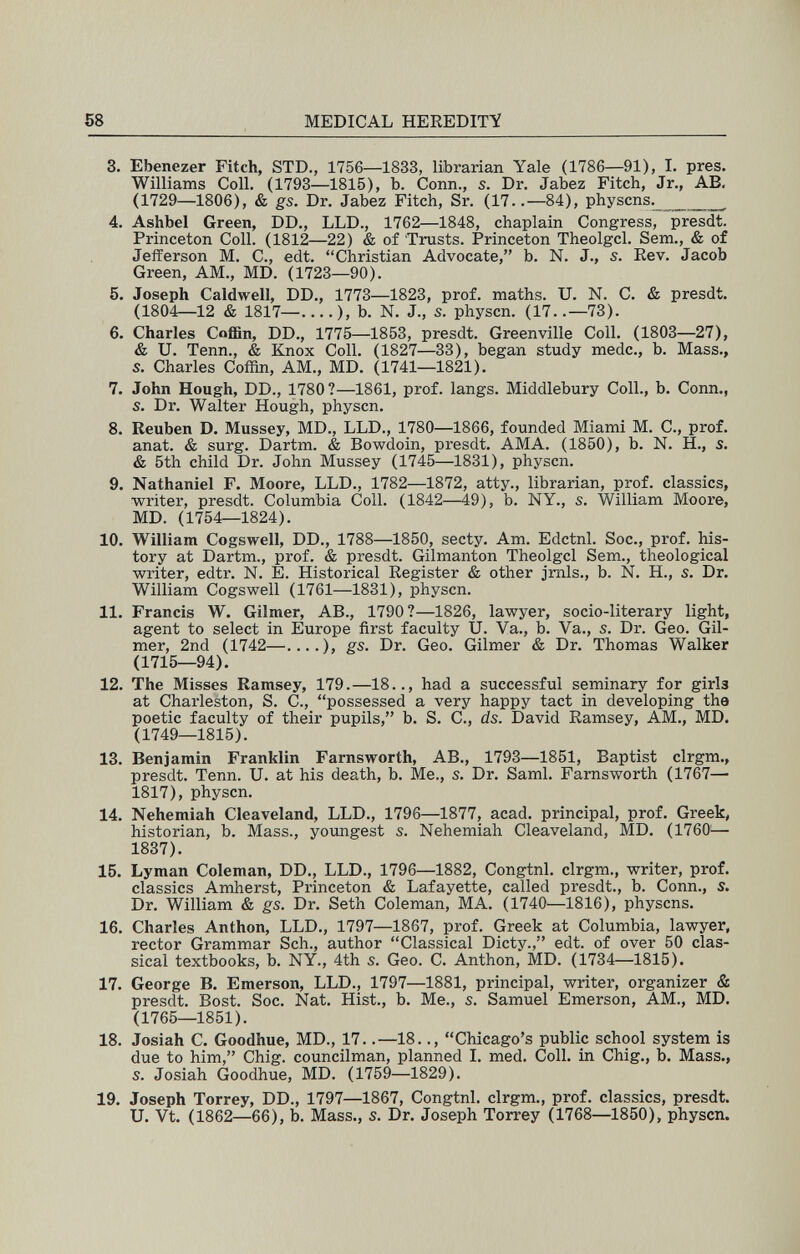 58 MEDICAL HEREDITY 3. Ebenezer Fitch, STD., 1756—1833, librarian Yale (1786—91), I. pres. Williams Coll. (1793—1815), b. Conn., s. Dr. Jabez Fitch, Jr., AB. (1729—1806), & gs. Dr. Jabez Fitch, Sr. (17..—84), physcns. ^ 4. Ashbel Green, DD., LLD., 1762—1848, chaplain Congress, presdt. Princeton Coll. (1812—22) & of Trusts. Princeton Theolgcl. Sem., & of Jefferson M. C., edt. Christian Advocate, b. N. J., s. Eev. Jacob Green, AM., MD. (1723—90). 5. Joseph Caldwell, DD., 1773—1823, prof, maths. U. N. C. & presdt. (1804—12 & 1817—....), b. N. J., s. physcn. (17..—73). 6. Charles Coffin, DD., 1775—1853, presdt. Greenville Coll. (1803—27), & U. Tenn., & Knox Coll. (1827—33), began study mede., b. Mass., s. Charles Coffin, AM., MD. (1741—1821). 7. John Hough, DD., 1780 ?—1861, prof, längs. Middlebury Coll., b. Conn., s. Dr. Walter Hough, physcn. 8. Reuben D. Mussey, MD., LLD., 1780—1866, founded Miami M. C., prof, anat. & surg. Dartm. & Bowdoin, presdt. AMA. (1850), b. N. H., s. & 5th child Dr. John Mussey (1745—1831), physcn. 9. Nathaniel F. Moore, LLD., 1782—1872, atty., librarian, prof, classics, writer, presdt. Columbia Coll. (1842—49), b. NY., s. William Moore, MD. (1754—1824). 10. William Cogswell, DD., 1788—1850, secty. Am. Edctnl. Soc., prof, his¬ tory at Dartm., prof. & presdt. Gilmanton Theolgcl Sem., theological writer, edtr. N. E. Historical Register & other jmls., b. N. H., s. Dr. William Cogswell (1761—1831), physcn. 11. Francis W. Gilmer, AB., 1790?—1826, lawyer, socio-literary light, agent to select in Europe first faculty U. Va., b. Va., s. Dr. Geo. Gil¬ mer, 2nd (1742—....), gs. Dr. Geo. Gilmer & Dr. Thomas Walker (1715—94). 12. The Misses Ramsey, 179.—18.., had a successful seminary for girls at Charleston, S. C., possessed a very happy tact in developing the poetic faculty of their pupils, b. S. C., ds. David Ramsey, AM., MD. (1749—1815). 13. Benjamin Franklin Farnsworth, AB., 1793—1851, Baptist clrgm., presdt. Tenn. U. at his death, b. Me., s. Dr. Saml. Farnsworth (1767—• 1817), physcn. 14. Nehemiah Cleaveland, LLD., 1796—1877, acad. principal, prof. Greek, historian, b. Mass., yoimgest s. Nehemiah Cleaveland, MD. (1760^— 1837). 15. Lyman Coleman, DD., LLD., 1796—1882, Congtnl. clrgm., writer, prof, classics Amherst, Princeton & Lafayette, called presdt., b. Conn., s. Dr. William & gs. Dr. Seth Coleman, MA. (1740—1816), physcns. 16. Charles Anthon, LLD., 1797—1867, prof. Greek at Columbia, lawyer, rector Grammar Sch., author Classical Dicty., edt. of over 50 clas¬ sical textbooks, b. NY., 4th s. Geo. C. Anthon, MD. (1734—1815). 17. George B. Emerson, LLD., 1797—1881, principal, writer, organizer & presdt. Bost. Soc. Nat. Hist., b. Me., s. Samuel Emerson, AM., MD. (1765—1851). 18. Josiah C. Goodhue, MD., 17..—18.., Chicago's public school system is due to him, Chig. councilman, planned I. med. Coll. in Chig., b. Mass., s. Josiah Goodhue, MD. (1759—1829). 19. Joseph Torrey, DD., 1797—1867, Congtnl. clrgm., prof, classics, presdt. U. Vt. (1862—66), b. Mass., s. Dr. Joseph Torrey (1768—1850), physcn.