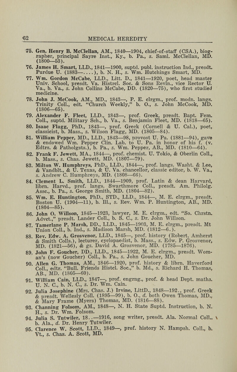 «2 MEDICAL HEREDITY ■¡76. Gen. Henry В. McClellan, AM., 1840—1904, chief-of-staíF (CSA.), biog¬ rapher, principal Sayre Inst., Ky., b. Pa., s. Saml. McClellan, MD. (1800—53). 76. James H. Smart, LLD., 1841—1900, suptd. pubi, instruction Ind., presdt. Purdue U. (1883—....), b. N. H., s. Wm. Hutchings Smart, MD. 77. Wm. Gordon McCabe, LLD., Litt. D., 1841—1920, poet, head master Univ. School, presdt. Va. Histrcl. Soc. & Sons Revln., vice Rector U. Va., b. Va., s. John Collins McCabe, DD. (1820—75), who first studied medicine. 78. John J. McCook, AM., MD., 1843—, P. E. clrgm., prof. modn. längs. Trinity Coll., edt. Church Weekly, b. O., s. John McCook, MD. (1806—65). 79. Alexander F. Fleet, LLD., 1843—, prof. Greek, presdt. Bapt. Fem. Coll., suptd. Military Sch., b. Va., s. Benjamin Fleet, MD. (1818—65). 80. Isaac Flagg, PhD., 1843—, prof. Greek (Cornell & U. Cal.), poet, classicist, b. Mass., s. Wilson Flagg, MD. (1805—84). 81. William Pepper, MD., LLD., 1843—98, provost U. Pa. (1881—94), gaVe & endowed Wm. Pepper Clin. Lab. to U. Pa. in honor of his f. (v. Edtrs. & Patholgsts.), b. Pa., s. Wm. Pepper, AB., MD. (1810—64). 82. Frank F. Jewett, MA., 1844—, prof, chemist. U. Tokio, & Oberlin Coll., b. Mass., s. Chas. Jewett, MD. (1807—79). 83. Milton W. Humphreys, PhD., LLD., 1844—, prof, längs. Washt. & Lee, & Vandblt., & U. Texas, & U. Va. chancellor, classic editor, b. W. Va., s. Andrew С. Humphreys, MD. (1808—66). 84. Clement L. Smith, LLD., 1844—1909, prof. Latin & dean Harvard, libm. Harvd., prof, längs. Swarthmore Coll., presdt. Am. Philolg. Asse., b. Pa., s. George Smith, MD. (1804—82). 85. Wm. E. Huntington, PhD., STD., LLD., 1844—, M. E. clrgm., presdt. Boston U. (1904—11), b. 111., s. Rev. Wm. P. Huntington, AB., MD. (1804—85). 86. John О. Willson, 1845—1923, lawyer, M. E. clrgm., edt. So. Chrstn. Advct., presdt. Lander Coll., b. S. C., s. Dr. John Willson. 87. Tamerlane P. Marsh, DD., LLD., 1845—1903, M. E. clrgm., presdt. Mt Union Coll., b. Ind., s. Madison Marsh, MD. (1812—6.). 88. Rev. Edw. A. Grosvenor, LLD., 1845—, prof, history (Robert, Amherst & Smith Colls.), lecturer, cyclopaedist, b. Mass., 5. Edw. P. Grosvenor, MD. (1821—56), & gs. David A. Grosvenor, MD. (1785—1876). 89. John F. Goucher, DD., IjLD., 1845—1922, M. E. clrgm., presdt. Wom¬ an's (now Goucher) Coll., b. Pa., 5. John Goucher, MD. 90. Allen G. Thomas, AM., 1846—1920, prof, history & librn. Haverford Coll., edtr. Bull. Friends Histcl. Soc., b. Md., 5. Richard H. Thomas, AB., MD. (1805—60). 91. William Cain, LLD., 1847—, prof, engrng., prof. & head Dept. maths. ' U. N. C., b. N. C., s. Dr. Wm. Cain. 92. Julia Josephine (Mrs. Chas. J.) Irvine, LittD., 1848—192., prof. Greek & presdt. Wellesly Coll. (1895—99), b. 0., d. both Owen Thomas, MD., & Mary Frame (Myers) Thomas, MD. (1816—88). 93. Channing Folsom, AM., 1848—, N. H. State Suptd. Instruction, b. N. H., s. Dr. Wm. Folsom. 94. Julia S. Tutwiler, 18..—1916, song writer, presdt. Ala. Normal Coll.. \ b. Ala., d. Dr. Henry Tutwiler. 95. Clarence W. Scott, LLD., 1849—, prof, history N. Hampsh. Coll., b. Vt., s. Chas. A. Scott, MD.