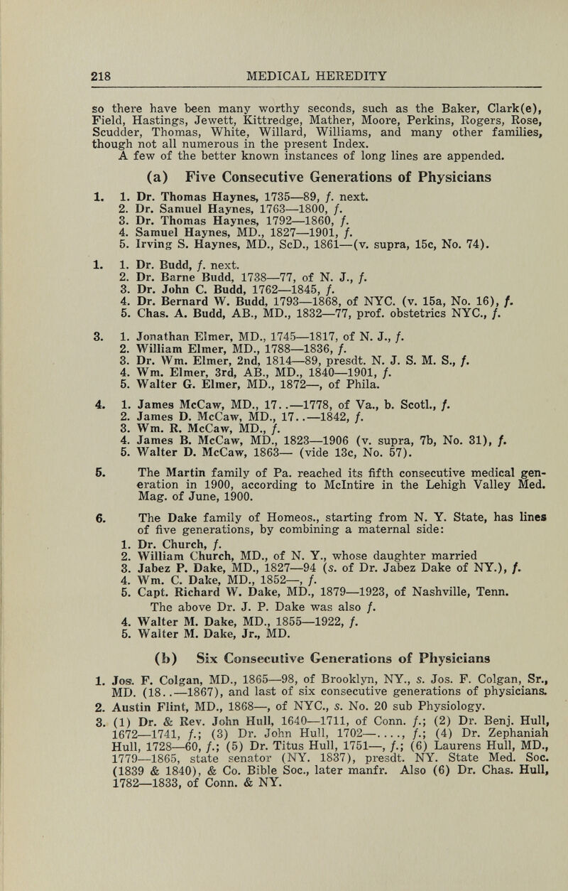 218 MEDICAL HEREDITY so there have been many worthy seconds, such as the Baker, Clark(e), Field, Hastings, Jewett, Kittredge, Mather, Moore, Perkins, Rogers, Rose, Scudder, Thomas, White, Willard, Williams, and many other families, though not all numerous in the present Index. A few of the better known instances of long lines are appended. (a) Five Consecutive Generations of Physicians 1. 1. Dr. Thomas Haynes, 1735—89, /. next. 2. Dr. Samuel Haynes, 1763—1800, /. 3. Dr. Thomas Haynes, 1792—1860, /. 4. Samuel Haynes, MD., 1827—1901, /. 5. Irving S. Haynes, MD., ScD., 1861—(v. supra, 15c, No. 74). 1. 1. Dr. Budd, /. next. 2. Dr. Barne Budd, 1738—77, of N. J., /. 3. Dr. John C. Budd, 1762—1845, /. 4. Dr. Bernard W. Budd, 1793—1868, of NYC. (v. 15a, No. 16), f. 5. Chas. A. Budd, AB., MD., 1832—77, prof, obstetrics NYC., /. 3. 1. Jonathan Elmer, MD., 1745—1817, of N. J., /. 2. William Elmer, MD., 1788—1836, /. 3. Dr. Wm. Elmer, 2nd, 1814—89, presdt. N. J. S. M. S., /. 4. Wm. Elmer, 3rd, AB., MD., 1840—1901, /. 5. Walter G. Elmer, MD., 1872—, of Phila. 4. 1. James McCaw, MD., 17..—1778, of Va., b. Scoti., /. 2. James D. McCaw, MD., 17..—1842, /. 3. Wm. R. McCaw, MD., /. 4. James B. McCaw, MD., 1823—1906 (v. supra, 7b, No. 31), /. 5. Walter D. McCaw, 1863— (vide 13c, No. 57). 6. The Martin family of Pa. reached its fifth consecutive medical gen¬ eration in 1900, according to Mclntire in the Lehigh Valley Med. Mag. of June, 1900. 6. The Dake family of Homeos., starting from N. Y. State, has lines of five generations, by combining a maternal side: 1. Dr. Church, /. 2. William Church, MD., of N. Y., whose daughter married 3. Jabez P. Dake, MD., 1827—94 (s. of Dr. Jabez Dake of NY.), /. 4. Wm. C. Dake, MD., 1852—, /. 5. Capt. Richard W. Dake, MD., 1879—1923, of Nashville, Tenn. The above Dr. J. P. Dake was also /. 4. Walter M. Dake, MD., 1855—1922, /. 5. Walter M. Dake, Jr., MD. (b) Six Consecutive Generations of Physicians 1. Josi. F. Colgan, MD., 1865—98, of Brooklyn, NY., s. Jos. F. Colgan, Sr., MD. (18..—1867), and last of six consecutive generations of physicians. 2. Austin Flint, MD., 1868—, of NYC., s. No. 20 sub Physiology. 3. (1) Dr. & Rev. John Hull, 1640—1711, of Conn. /.; (2) Dr. Benj. Hull, 1672—1741, /.; (3) Dr. John Hull, 1702—...., /.; (4) Dr. Zephaniah Hull, 1728—60, /.; (5) Dr. Titus Hull, 1751—, /.; (6) Laurens Hull, MD., 1779—1865, state senator (NY. 1837), presdt. NY. State Med. Soc. (1839 & 1840), & Co. Bible Soc., later manfr. Also (6) Dr. Chas. Hull, 1782—1833, of Conn. & NY.