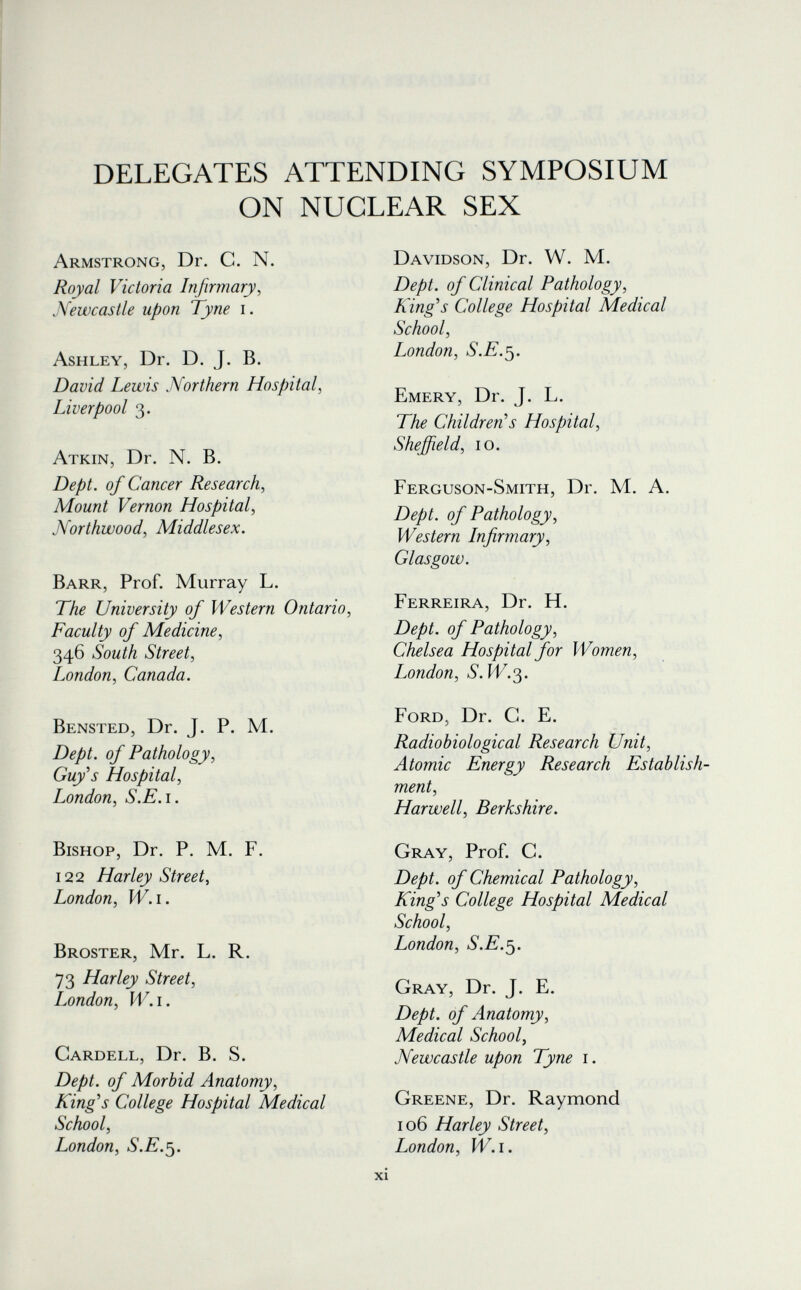 DELEGATES ATTENDING SYMPOSIUM ON NUCLEAR SEX Armstrong, Dr. C. N. Royal Victoria Infirmary, Newcastle upon Tyne i. Ashley, Dr. D. J. B. David Lewis Northern Hospital, Liverpool 3. Atkin, Dr. N. B. Dept. of Cancer Research, Mount Vernon Hospital, Northwood, Middlesex. Barr, Prof. Murray L. The University of Western Ontario, Faculty of Medicine, 346 South Street, London, Canada. Bensted, Dr. J. P. M. Dept. of Pathology, Guy s Hospital, London, S.E.i. Bishop, Dr. P. M. F. 122 Harley Street, London, W.i. Broster, Mr. L. R. 73 Harley Street, London, W.i. Cardell, Dr. B. S. Dept. of Morbid Anatomy, King^s College Hospital Medical School, London, S.E.^. Davidson, Dr. W. M. Dept. of Clinical Pathology, King's College Hospital Medical School, London, S.E.^. Emery, Dr. J. L. The Children's Hospital, Sheffield, 10. Ferguson-Smith, Dr. M. A. Dept. of Pathology, Western Infirmary, Glasgow. Ferreira, Dr. H. Dept. of Pathology, Chelsea Hospital for Women, London, S.W.^. Ford, Dr. G. E. Radiobiological Research Unit, Atomic Energy Research Establish¬ ment, Harwell, Berkshire. Gray, Prof. G. Dept. of Chemical Pathology, King''s College Hospital Medical School, London, S.E.^. Gray, Dr. J. E. Dept. of Anatomy, Medical School, Newcastle upon Tyne i. Greene, Dr. Raymond 106 Harley Street, London, W.I.