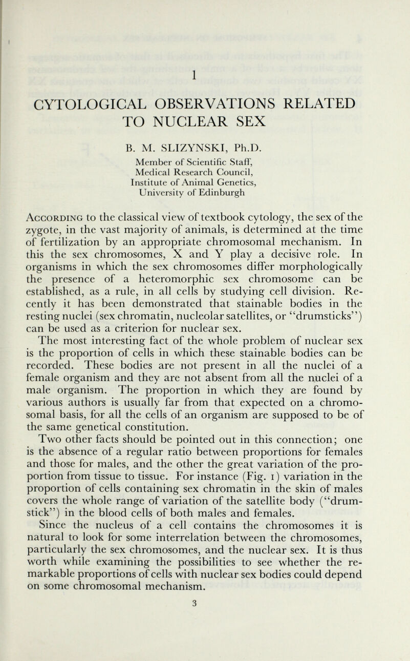 1 CYTOLOGICAL OBSERVATIONS RELATED TO NUCLEAR SEX в. M. SLIZYNSKI, Ph.D. Member of Scientific Staff, Medical Research Council, Institute of Animal Genetics, University of Edinburgh According to the classical view of textbook cytology, the sex of the zygote, in the vast majority of animals, is determined at the time of fertilization by an appropriate chromosomal mechanism. In this the sex chromosomes, X and Y play a decisive role. In organisms in w^hich the sex chromosomes differ morphologically the presence of a heteromorphic sex chromosome can be established, as a rule, in all cells by studying cell division. Re¬ cently it has been demonstrated that stainable bodies in the resting nuclei (sex chromatin, nucleolar satellites, or drumsticks) can be used as a criterion for nuclear sex. The most interesting fact of the whole problem of nuclear sex is the proportion of cells in which these stainable bodies can be recorded. These bodies are not present in all the nuclei of a female organism and they are not absent from all the nuclei of a male organism. The proportion in which they are found by various authors is usually far from that expected on a chromo¬ somal basis, for all the cells of an organism are supposed to be of the same genetical constitution. Two other facts should be pointed out in this connection; one is the absence of a regular ratio between proportions for females and those for males, and the other the great variation of the pro¬ portion from tissue to tissue. For instance (Fig. i) variation in the proportion of cells containing sex chromatin in the skin of males covers the whole range of variation of the satellite body (drum¬ stick) in the blood cells of both males and females. Since the nucleus of a cell contains the chromosomes it is natural to look for some interrelation between the chromosomes, particularly the sex chromosomes, and the nuclear sex. It is thus worth while examining the possibilities to see whether the re¬ markable proportions of cells with nuclear sex bodies could depend on some chromosomal mechanism. 3