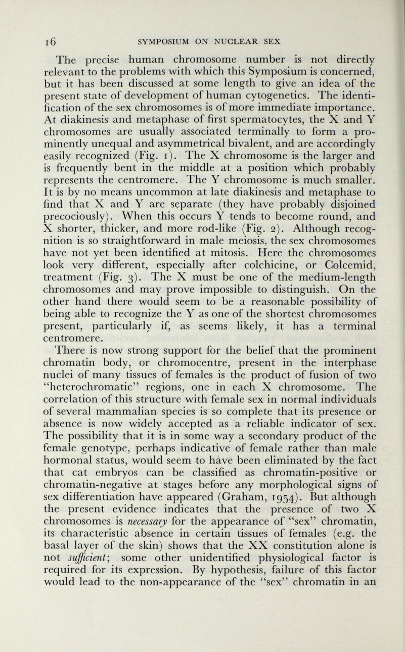 I б SYMPOSIUM ON NUCLEAR SEX The precise human chromosome number is not directly relevant to the problems with which this Symposium is concerned, but it has been discussed at some length to give an idea of the present state of development of human cytogenetics. The identi¬ fication of the sex chromosomes is of more immediate importance. At diakinesis and metaphase of first spermatocytes, the X and Y chromosomes are usually associated terminally to form a pro¬ minently unequal and asymmetrical bivalent, and are accordingly easily recognized (Fig. i). The X chromosome is the larger and is frequently bent in the middle at a position which probably represents the centromere. The Y chromosome is much smaller. It is by no means uncommon at late diakinesis and metaphase to find that X and Y are separate (they have probably disjoined precociously). When this occurs Y tends to become round, and X shorter, thicker, and more rod-like (Fig. 2). Although recog¬ nition is so straightforward in male meiosis, the sex chromosomes have not yet been identified at mitosis. Here the chromosomes look very different, especially after colchicine, or Colcemid, treatment (Fig. 3). The X must be one of the medium-length chromosomes and may prove impossible to distinguish. On the other hand there would seem to be a reasonable possibility of being able to recognize the Y as one of the shortest chromosomes present, particularly if, as seems likely, it has a terminal centromere. There is now strong support for the belief that the prominent chromatin body, or chromocentre, present in the interphase nuclei of many tissues of females is the product of fusion of two heterochromatic regions, one in each X chromosome. The correlation of this structure with female sex in normal individuals of several mammalian species is so complete that its presence or absence is now widely accepted as a reliable indicator of sex. The possibility that it is in some way a secondary product of the female genotype, perhaps indicative of female rather than male hormonal status, would seem to have been eliminated by the fact that cat embryos can be classified as chromatin-positive or chromatin-negative at stages before any morphological signs of sex differentiation have appeared (Graham, 1954). But although the present evidence indicates that the presence of two X chromosomes is necessary for the appearance of sex chromatin, its characteristic absence in certain tissues of females (e.g. the basal layer of the skin) shows that the XX constitution alone is not sufficient; some other unidentified physiological factor is required for its expression. By hypothesis, failure of this factor would lead to the non-appearance of the sex chromatin in an