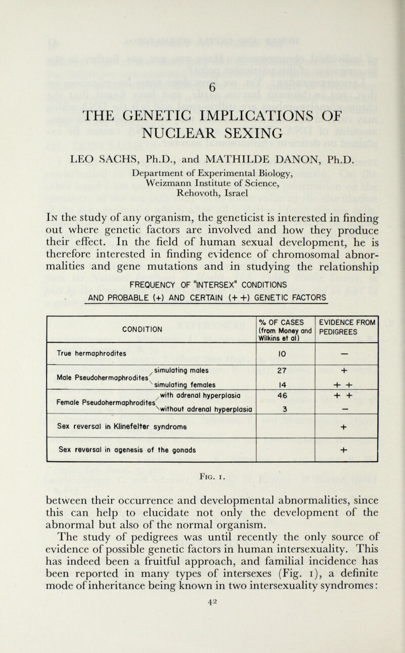 6 THE GENETIC IMPLICATIONS OF NUCLEAR SEXING LEO SACHS, Ph.D., and MATHILDE DANON, Ph.D. Department of Experimental Biology, Weizmann Institute of Science, Rehovoth, Israel In the study of any organism, the geneticist is interested in finding out where genetic factors are involved and how they produce their effect. In the field of human sexual development, he is therefore interested in finding e\ idence of chromosomal abnor¬ malities and gene mutations and in studying the relationship FREQUENCY OF INTERSEX CONDITIONS AND PROBABLE (+) AND CERTAIN (+ +) GENETIC FACTORS Fig. i. between their occurrence and developmental abnormalities, since this can help to elucidate not only the development of the abnormal but also of the normal organism. The study of pedigrees was until recently the only source of evidence of possible genetic factors in human intersexuality. This has indeed been a fruitful approach, and familial incidence has been reported in many types of intersexes (Fig. i), a definite mode of inheritance being known in two intersexuality syndromes: 42