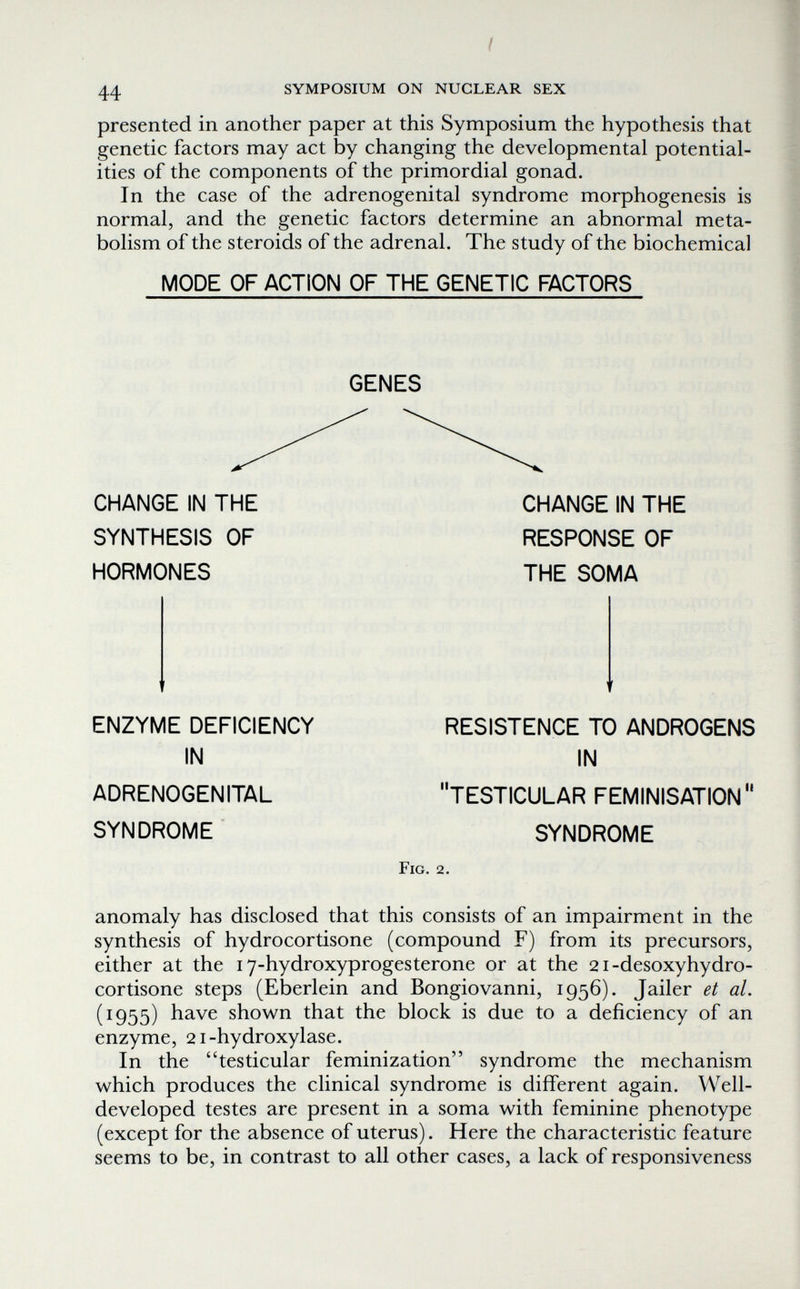 I 44 SYMPOSIUM ON NUCLEAR SEX presented in another paper at this Symposium the hypothesis that genetic factors may act by changing the developmental potential¬ ities of the components of the primordial gonad. In the case of the adrenogenital syndrome morphogenesis is normal, and the genetic factors determine an abnormal meta¬ bolism of the steroids of the adrenal. The study of the biochemical MODE OF ACTION OF THE GENETIC FACTORS GENES CHANGE IN THE SYNTHESIS OF HORMONES CHANGE IN THE RESPONSE OF THE SOMA ENZYME DEFICIENCY RESISTENCE TO ANDROGENS IN IN ADRENOGENITAL TESTICULAR FEMINISATION SYNDROME SYNDROME Fig. 2. anomaly has disclosed that this consists of an impairment in the synthesis of hydrocortisone (compound F) from its precursors, either at the 17-hydroxyprogesterone or at the 21-desoxyhydro- cortisone steps (Eberlein and Bongiovanni, 1956). Jailer et al. (1955) have shown that the block is due to a deficiency of an enzyme, 21-hydroxylase. In the testicular feminization syndrome the mechanism which produces the clinical syndrome is different again. Well- developed testes are present in a soma with feminine phenotype (except for the absence of uterus). Here the characteristic feature seems to be, in contrast to all other cases, a lack of responsiveness