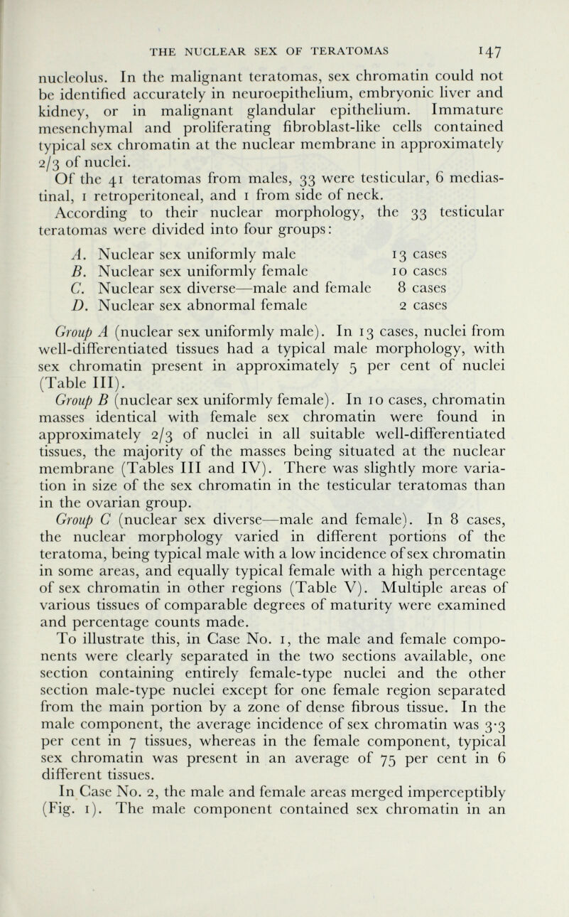 THE NUCLEAR SEX OF TERATOMAS 147 nucleolus. In the malignant teratomas, sex chromatin could not be identified accurately in neuroepithehum, embryonic liver and kidney, or in malignant glandular epithelium. Immature mesenchymal and proliferating fibroblast-like cells contained typical sex chromatin at the nuclear membrane in approximately 2/3 of nuclei. Of the 41 teratomas from males, 33 were testicular, 6 medias¬ tinal, I retroperitoneal, and i from side of neck. According to their nuclear morphology, the 33 testicular teratomas were divided into four groups : A. Nuclear sex uniformly male 13 cases ß. Nuclear sex uniformly female 10 cases C. Nuclear sex diverse—male and female 8 cases Z). Nuclear sex abnormal female 2 cases Group A (nuclear sex uniformly male). In 13 cases, nuclei from well-differentiated tissues had a typical male morphology, with sex chromatin present in approximately 5 per cent of nuclei (Table III). Group В (nuclear sex uniformly female). In 10 cases, chromatin masses identical with female sex chromatin were found in approximately 2/3 of nuclei in all suitable well-differentiated tissues, the majority of the masses being situated at the nuclear membrane (Tables III and IV). There was slightly more varia¬ tion in size of the sex chromatin in the testicular teratomas than in the ovarian group. Group С (nuclear sex diverse—male and female). In 8 cases, the nuclear morphology varied in different portions of the teratoma, being typical male with a low incidence of sex chromatin in some areas, and equally typical female with a high percentage of sex chromatin in other regions (Table V). Multiple areas of various tissues of comparable degrees of maturity were examined and percentage counts made. To illustrate this, in Case No. i, the male and female compo¬ nents were clearly separated in the two sections available, one section containing entirely female-type nuclei and the other section male-type nuclei except for one female region separated from the main portion by a zone of dense fibrous tissue. In the male component, the average incidence of sex chromatin was 3-3 per cent in 7 tissues, whereas in the female component, typical sex chromatin was present in an average of 75 per cent in 6 different tissues. In Case No. 2, the male and female areas merged imperceptibly (Fig. i). The male component contained sex chromatin in an