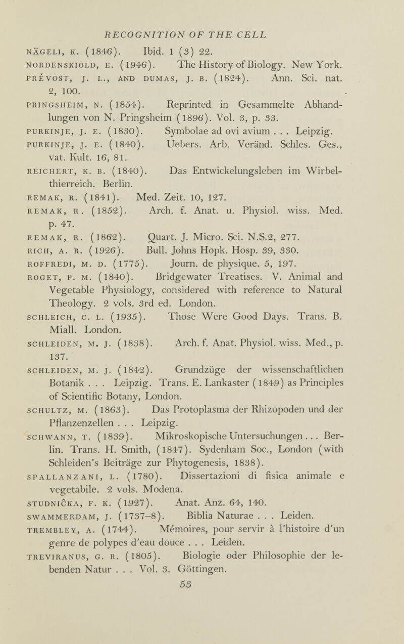 RECOGNITION OF THE CELL NÄGELI, K. (1846). Ibid. 1 (3) 22. NORDENSKioLD, E. (l946). The History of Biology. New York. PRÉVOST, J. L., AND DUMAS, J. B. (l824). АпП. Sci. nat. 2, 100. PRiNGSHEiM, N. (1854). Reprinted in Gesammelte Abhand¬ lungen von N. Pringsheim (1896). Vol. 3, p. 33. PURKINJE, J. E. (1830). Symbolae ad ovi avium .. . Leipzig. PURKINJE, J. E. (1840). Uebers. Arb. Veränd. Schles. Ges., vat. Kult. 16, 81. REICHERT, к. в. (1840). Das Entwickelungsleben im Wirbel¬ thierreich. Berlin. REMAK, R. (I84l). Med. Zeit. 10, 127. REMAK, R. (1852). Arch. f. Anat. u. Physiol, wiss. Med. p. 47. REMAK, R. (1862). Quart. J. Micro. Sci. N.S.2, 277. RICH, A. R. (1926). Bull. Johns Hopk. Hosp. 39, 330. ROFFREDi, M. D. (l775). Joum. de physique. 5, 197. ROGET, p. M. (1840). Bridgewater Treatises. V. Animal and Vegetable Physiology, considered with reference to Natural Theology. 2 vols. 3rd ed. London. SCHLEICH, с. L. (1935). Those Were Good Days. Trans. B. Miall. London. SCHLEIDEN, M. J. (l838). Arch. f. Anat. Physiol. wiss. Med., p. 137. SCHLEIDEN, M. J. (l842). Grundzüge der wissenschaftlichen Botanik . . . Leipzig. Trans. E. Lankaster ( 1849) as Principles of Scientific Botany, London. SCHULTZ, M. ( 1863). Das Protoplasma der Rliizopoden und der Pflanzenzellen . . . Leipzig. SCHWANN, T. (1839). Mikroskopische Untersuchungen ... Ber¬ lin. Trans. H. Smith, (1847). Sydenham Soc., London (with Schleiden's Beiträge zur Phytogenesis, 1838). SPALLANZANI, L. (l780). Dissertazioni di fisica animale e vegetabile. 2 vols. Modena. STUDNicKA, F. K. (l927). Anat. Anz. 64, 140. swAMMERDAM, j. (1737-8). Biblia Naturae . . . Leiden. TREMBLEY, A. (l744). Mémoires, pour servir à l'histoire d'un genre de polypes d'eau douce . . . Leiden. TREViRANUs, G. R. (l805). Biologie oder Philosophie der le¬ benden Natur . . . Vol. 3. Güttingen. 53