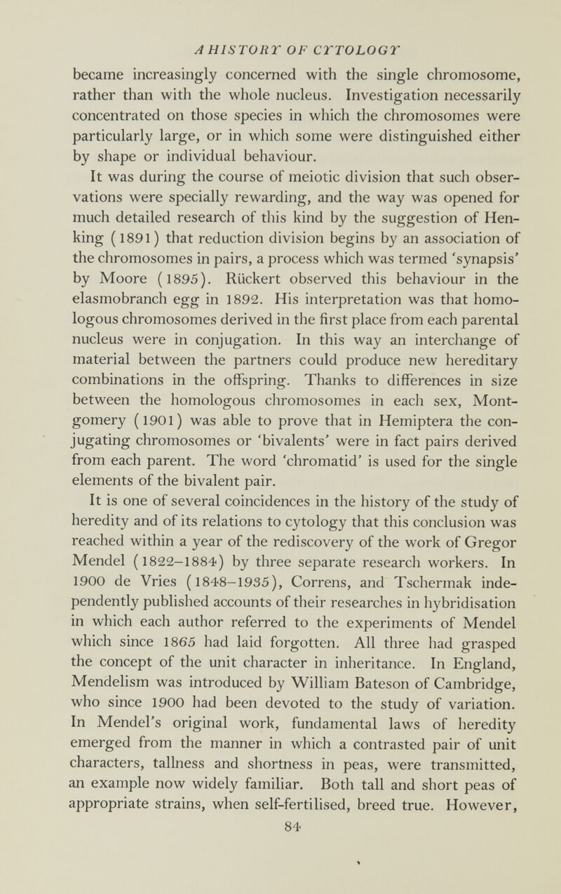 A HISTORY OF CTTOLOGT became increasingly concerned with the single chromosome, rather than with the whole nucleus. Investigation necessarily concentrated on those species in which the chromosomes were particularly large, or in which some were distinguished either by shape or individual behaviour. It was during the course of meiotic division that such obser¬ vations were specially rewarding, and the way was opened for much detailed research of tliis kind by the suggestion of Hen- king (l89l) that reduction division begins by an association of the chromosomes in pairs, a process which was termed 'synapsis' by Moore ( 1895). Riickert observed this behaviour in the elasmobranch egg in 1892. His interpretation was that homo¬ logous chromosomes derived in the first place from each parental nucleus were in conjugation. In this way an interchange of material between the partners could produce new hereditary combinations in the offspring. Thanks to differences in size between the homologous chromosomes in each sex, Mont¬ gomery (l90l) was able to prove that in Hemiptera the con¬ jugating chromosomes or 'bivalents' were in fact pairs derived from each parent. The word 'chromatid' is used for the single elements of the bivalent pair. It is one of several coincidences in the history of the study of heredity and of its relations to cytology that this conclusion was reached within a year of the rediscovery of the work of Gregor Mendel (1822-1884) by three separate research workers. In 1900 de Vries (1848-1935), Correns, and Tschermak inde¬ pendently published accounts of their researches in hybridisation in which each author referred to the experiments of Mendel which since 1865 had laid forgotten. All three had grasped the concept of the unit character in inheritance. In England, Mendelism was introduced by William Bateson of Cambridge, who since 1900 had been devoted to the study of variation. In Mendel's original work, fundamental laws of heredity emerged from the manner in which a contrasted pair of unit characters, tallness and shortness in peas, were transmitted, an example now widely familiar. Both tall and short peas of appropriate strains, when self-fertilised, breed true. However, 84