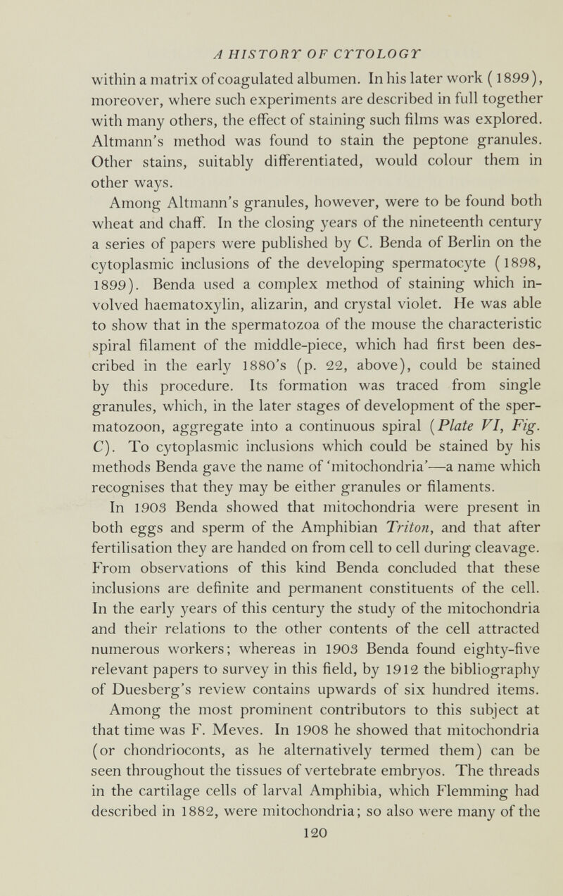 A HISTORY OF CrrOLOGT within a matrix of coagulated albumen. In his later work ( 1899 ), moreover, where such experiments are described in full together with many others, the effect of staining such films was explored. Altmann's method was found to stain the peptone granules. Other stains, suitably differentiated, would colour them in other ways. Among Altmann's granules, however, were to be found both wheat and chaff. In the closing years of the nineteenth century a series of papers were published by C. Benda of Berlin on the cytoplasmic inclusions of the developing spermatocyte (1898, 1899). Benda used a complex method of staining which in¬ volved haematoxylin, alizarin, and crystal violet. He was able to show that in the spermatozoa of the mouse the characteristic spiral filament of the middle-piece, which had first been des¬ cribed in the early 1880's (p. 22, above), could be stained by this procedure. Its formation was traced from single granules, which, in the later stages of development of the sper¬ matozoon, aggregate into a continuous spiral [Plate VI, Fig. C). To cytoplasmic inclusions which could be stained by his methods Benda gave the name of 'mitochondria'—a name which recognises that they may be either granules or filaments. In 1903 Benda showed that mitochondria were present in both eggs and sperm of the Amphibian Triton, and that after fertilisation they are handed on from cell to cell during cleavage. From observations of this kind Benda concluded that these inclusions are definite and permanent constituents of the cell. In the early years of this century the study of the mitochondria and their relations to the other contents of the cell attracted numerous workers; whereas in 1903 Benda found eighty-five relevant papers to survey in this field, by 1912 the bibliography of Duesberg's review contains upwards of six hundred items. Among the most prominent contributors to this subject at that time was F. Meves. In 1908 he showed that mitochondria (or chondrioconts, as he alternatively termed them) can be seen throughout tlie tissues of vertebrate embryos. The threads in the cartilage cells of larval Amphibia, which Flemming had described in 1882, were mitochondria; so also were many of the 120